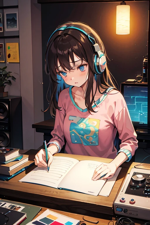 brown haired woman、diary、a room European Hippie Girl meditating in her room, dreaming, Wear headphones, night lights, Neon landscape on a day,
Analog Color Theme, Lo-Fi Hip Hop , retrospective, flat, 2.5D ,Draw a line, Ink Drawing, Large slope, Watercolor painting, Goosch Colors, Awesome colorful, Outer Ton, krautrock, lofi art,
70s style,Old texture, amplitude,psychedelic vibe, masterpiece, Tremendous technology,