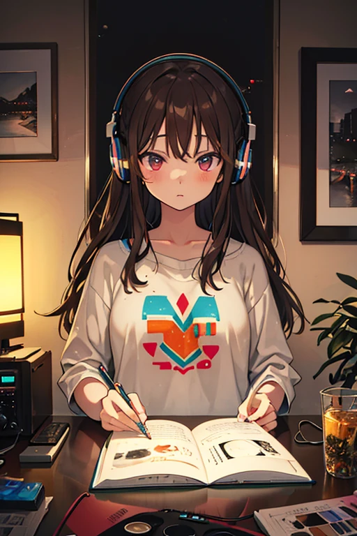 brown haired woman、diary、a room　European Hippie Girl meditating in her room, dreaming, Wear headphones, night lights, Neon landscape on a day, 
Analog Color Theme, Lo-Fi Hip Hop , retrospective, flat, 2.5D ,Draw a line, Ink Drawing, Large slope, Watercolor painting, Goosch Colors, Awesome colorful, Outer Ton, krautrock, lofi art,  
70s style,Old texture, amplitude,psychedelic vibe, masterpiece, Tremendous technology,
