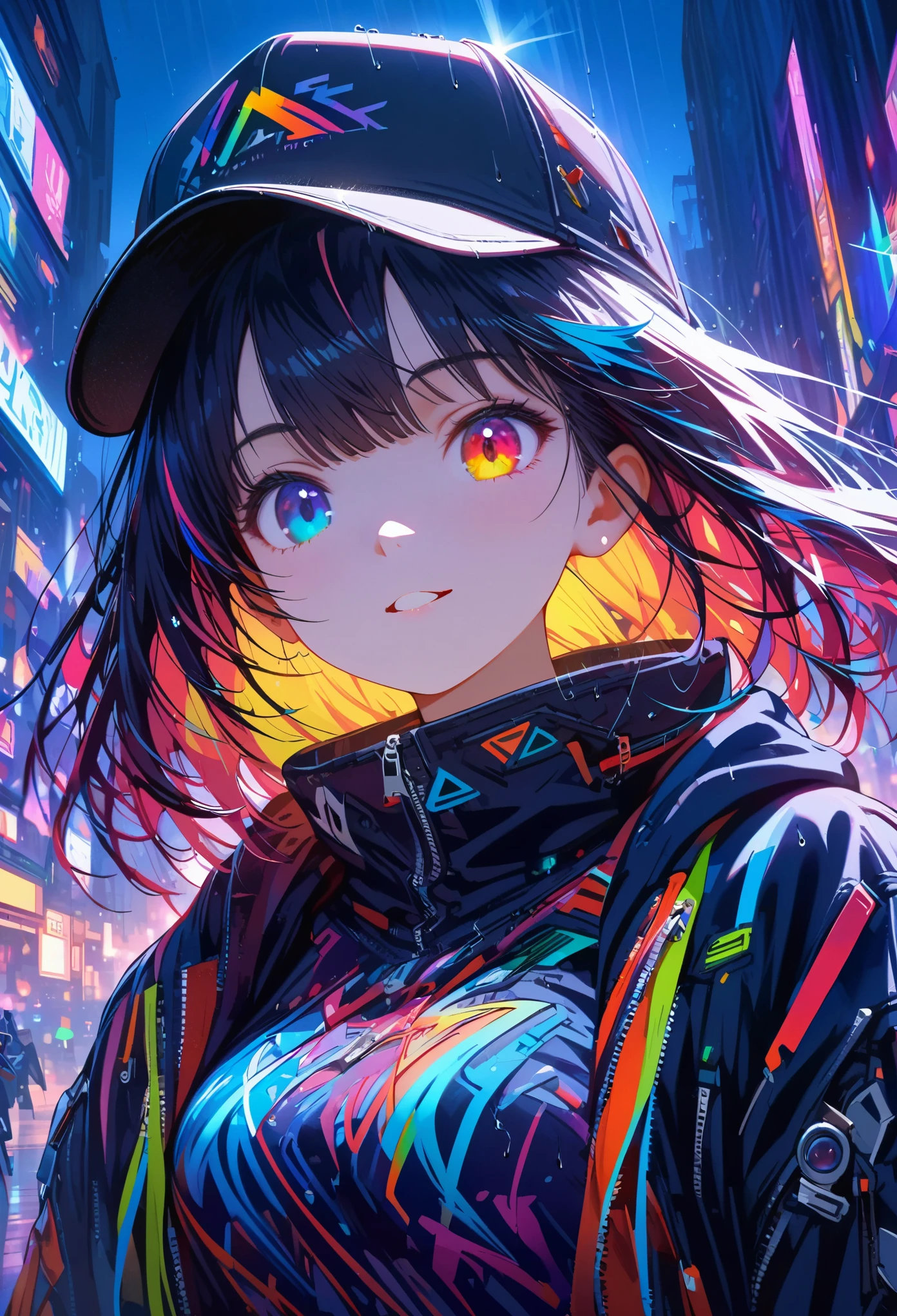 {{​Masterpiece,best work}}, top quality, Ultra-detailed CG Unity,8k wallpaper, lens flare, (Detailed beautiful eyes),particle,Miss,Berry short hair,cool face,((Colorful mechanical wool)),rainbow eyes,heterochromia iridis,Big deal,黑紫色Body,Inorganic black headwear,(Perfect Body),cyberpunk,Inorganic decoration,Body,cable,low angle,Whole BodyEsbian,a sexy,high heels boots,night city,rain,Eyes looking down,perfect hands.