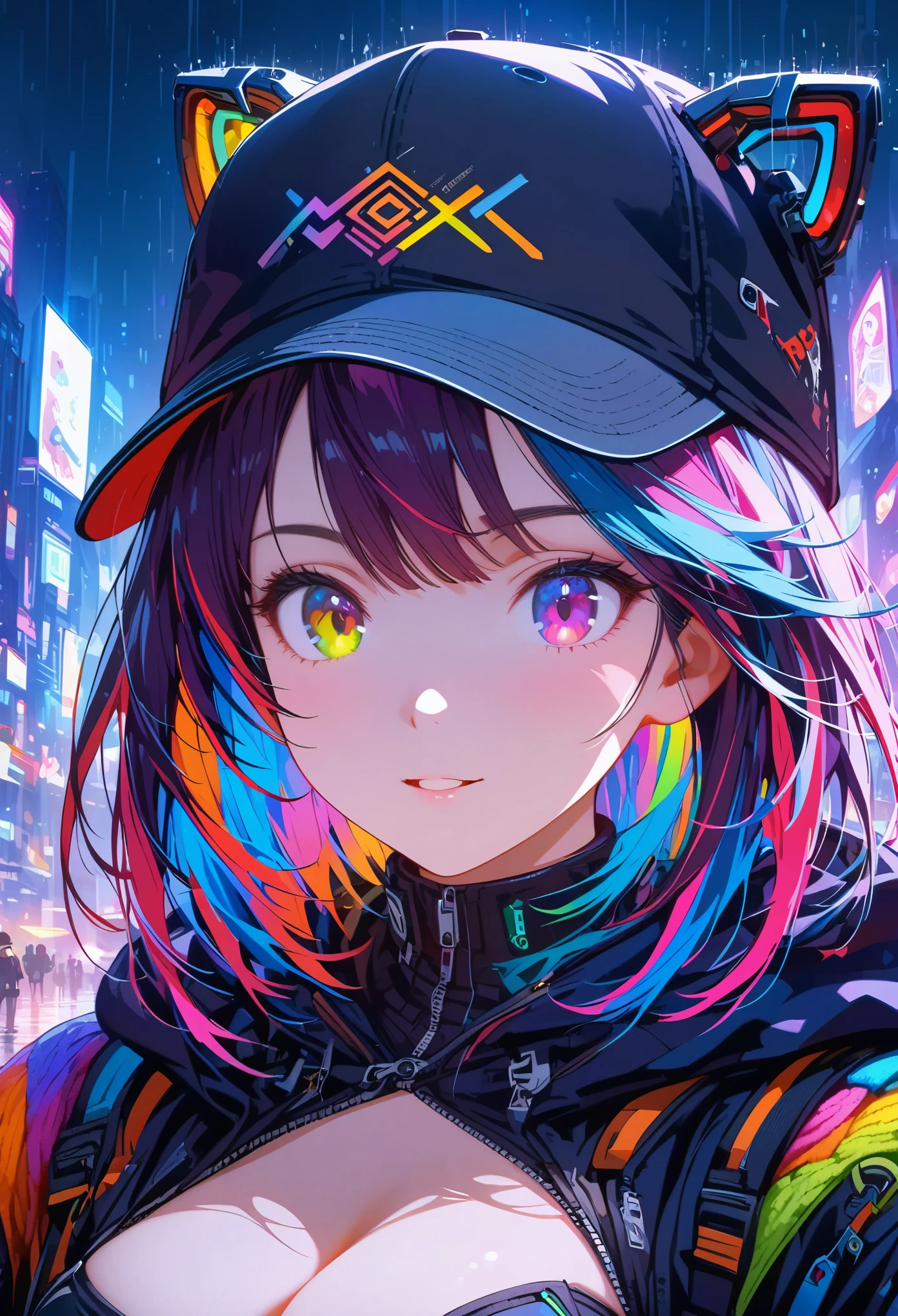 {{​Masterpiece,best work}}, top quality, Ultra-detailed CG Unity,8k wallpaper, lens flare, (Detailed beautiful eyes),particle,Miss,Berry short hair,cool face,((Colorful mechanical wool)),rainbow eyes,heterochromia iridis,Big deal,黑紫色Body,Inorganic black headwear,(Perfect Body),cyberpunk,Inorganic decoration,Body,cable,low angle,Whole BodyEsbian,a sexy,high heels boots,night city,rain,Eyes looking down,perfect hands.