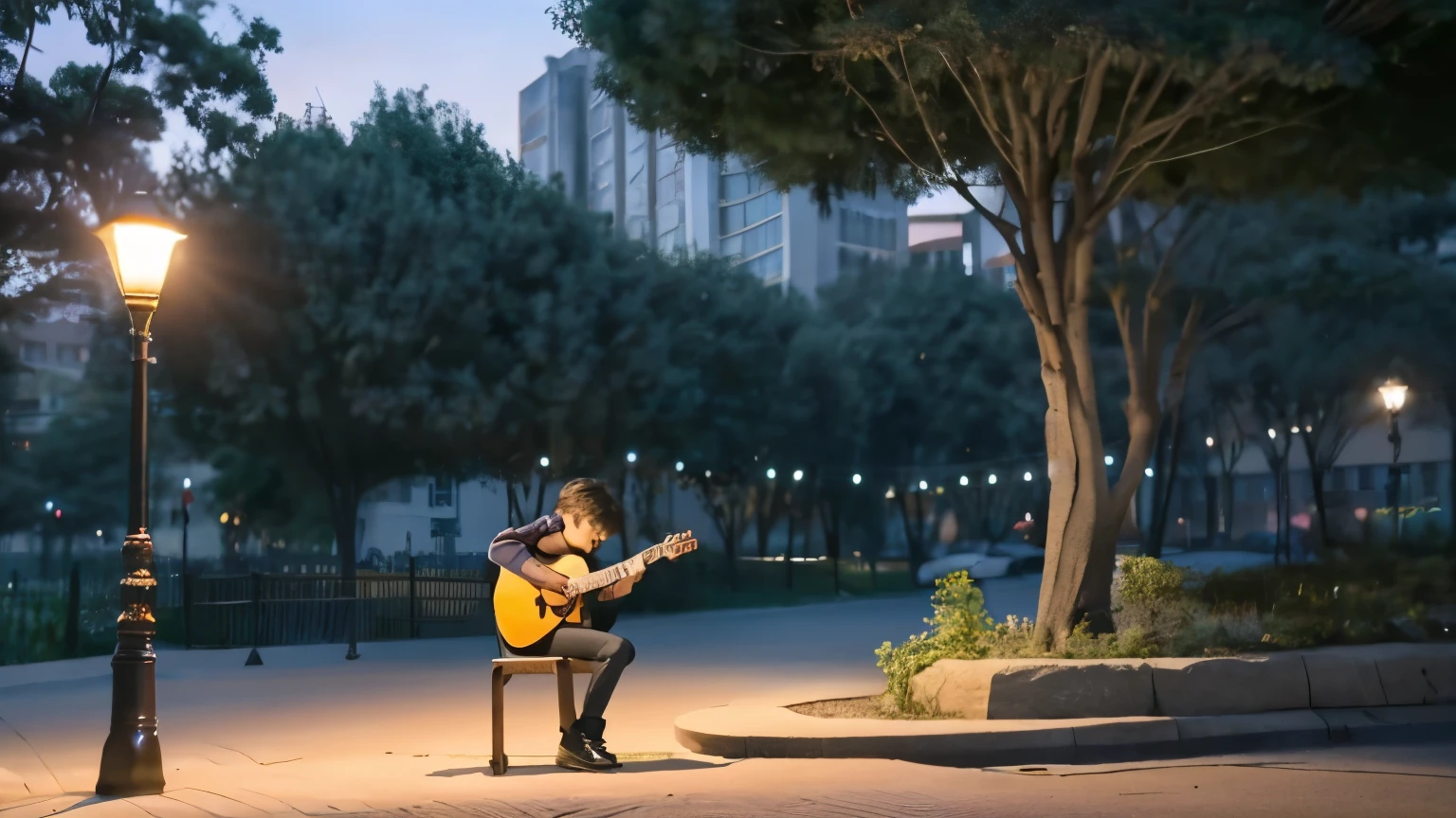 On a clear night,A boy playing guitar in the park。There is a stone chair and a street lamp next to it,The light shines on the stone chair next to the boy,boy standing next to stone chair。There are no other passersby around,The camera shows the boy's front face,Pixar style,HD