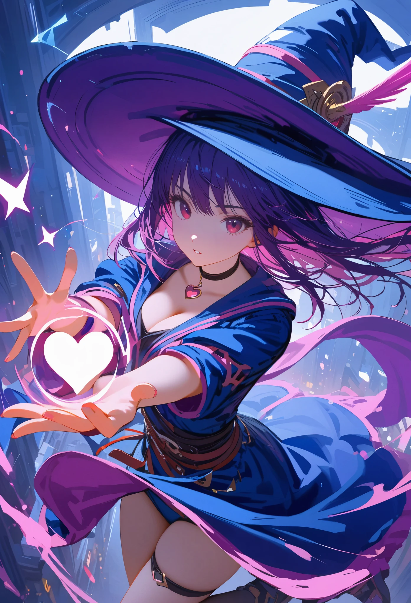 (masterpiece:1.2), (best quality:1.2), perfect lighting, Dark magician girl casting spell, floating in the air, big , neckline, magic background. Transparent heart in the air, blue robe, large hat, from above, sparkling, Yu-Gi-Oh cards in the background
