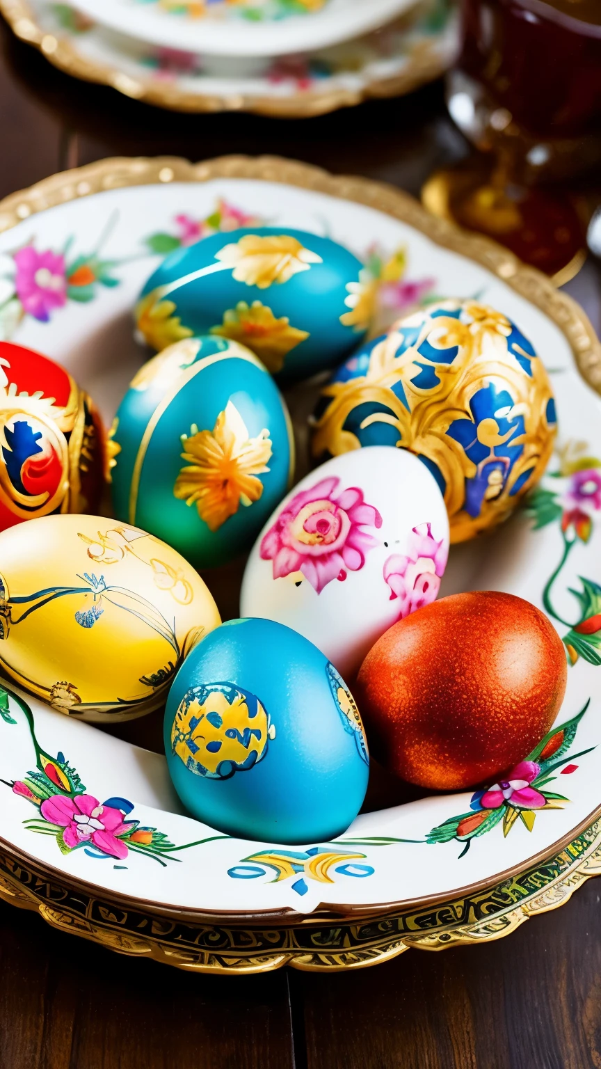 a close up of a plate of painted eggs on a table, a photo by Ann Thetis Blacker, flickr, folk art, with colourful intricate, traditional folk art style, beautifully painted, transylvanian folk art, eggs, beautiful design, intricate and decorated, orthodox, very intricate, beautiful craftsmanship, intricately designed, extremely intricate, very very intricate