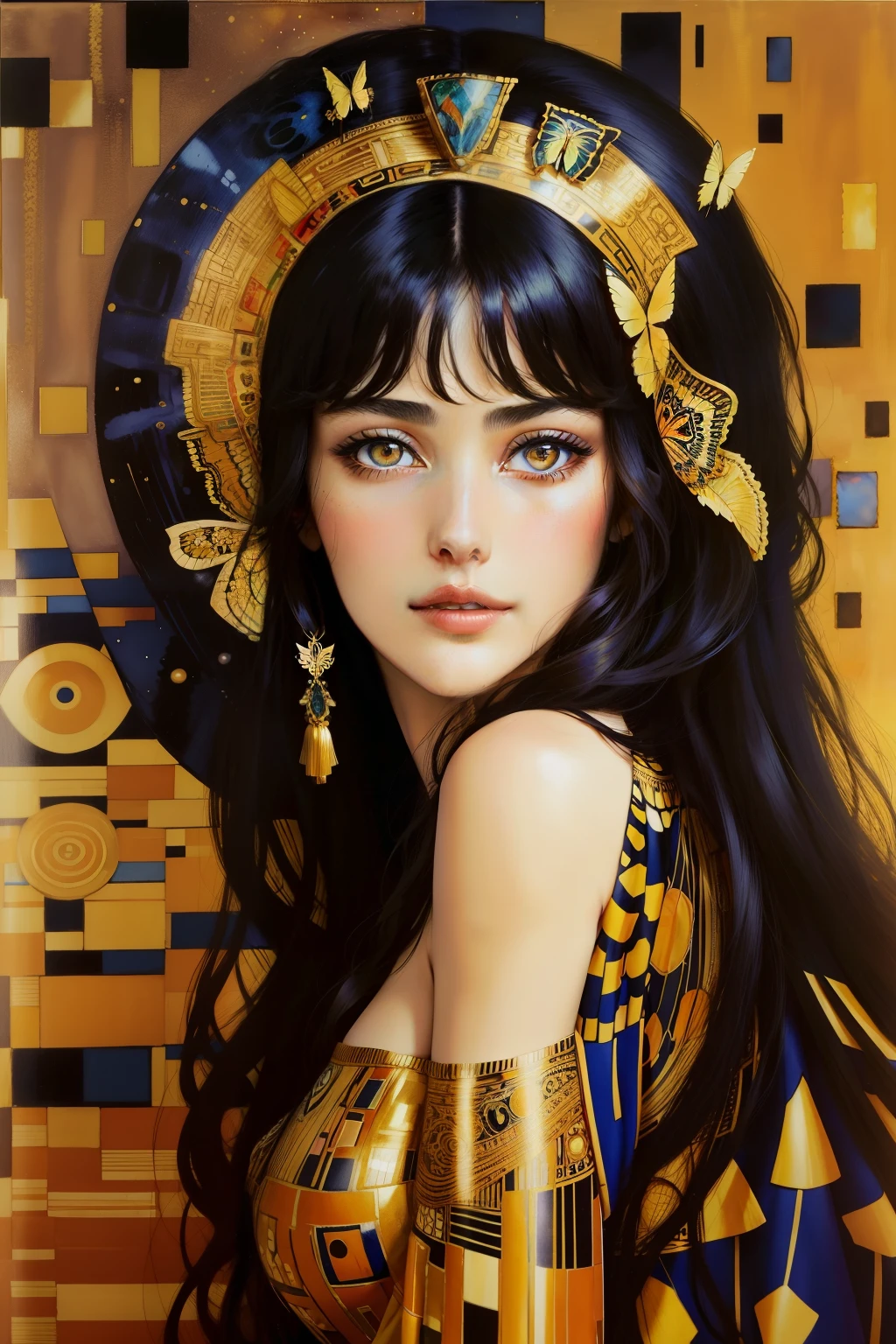 Gustav Klimt painted his new famous artwork of Monica Bellucci (with straight hair) and her beautiful sister, she is very beautiful, the background is colorful with gold intricately detailed colorful single butterfly - watercolor art