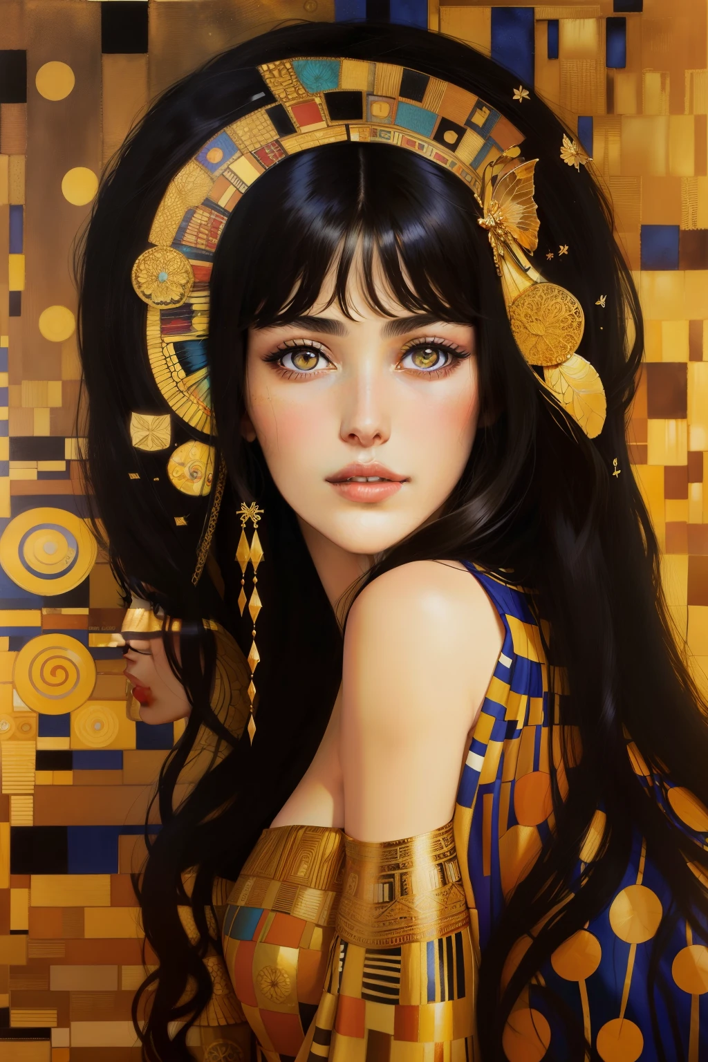 Gustav Klimt painted his new famous artwork of Monica Bellucci (with straight hair) and her beautiful sister, she is very beautiful, the background is colorful with gold intricately detailed colorful single butterfly - watercolor art