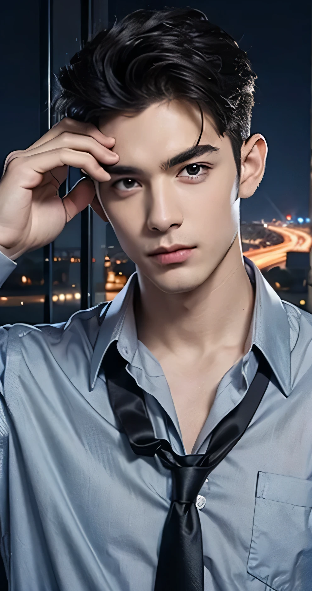 there is a man in a tie and shirt with a city in the background, realistic