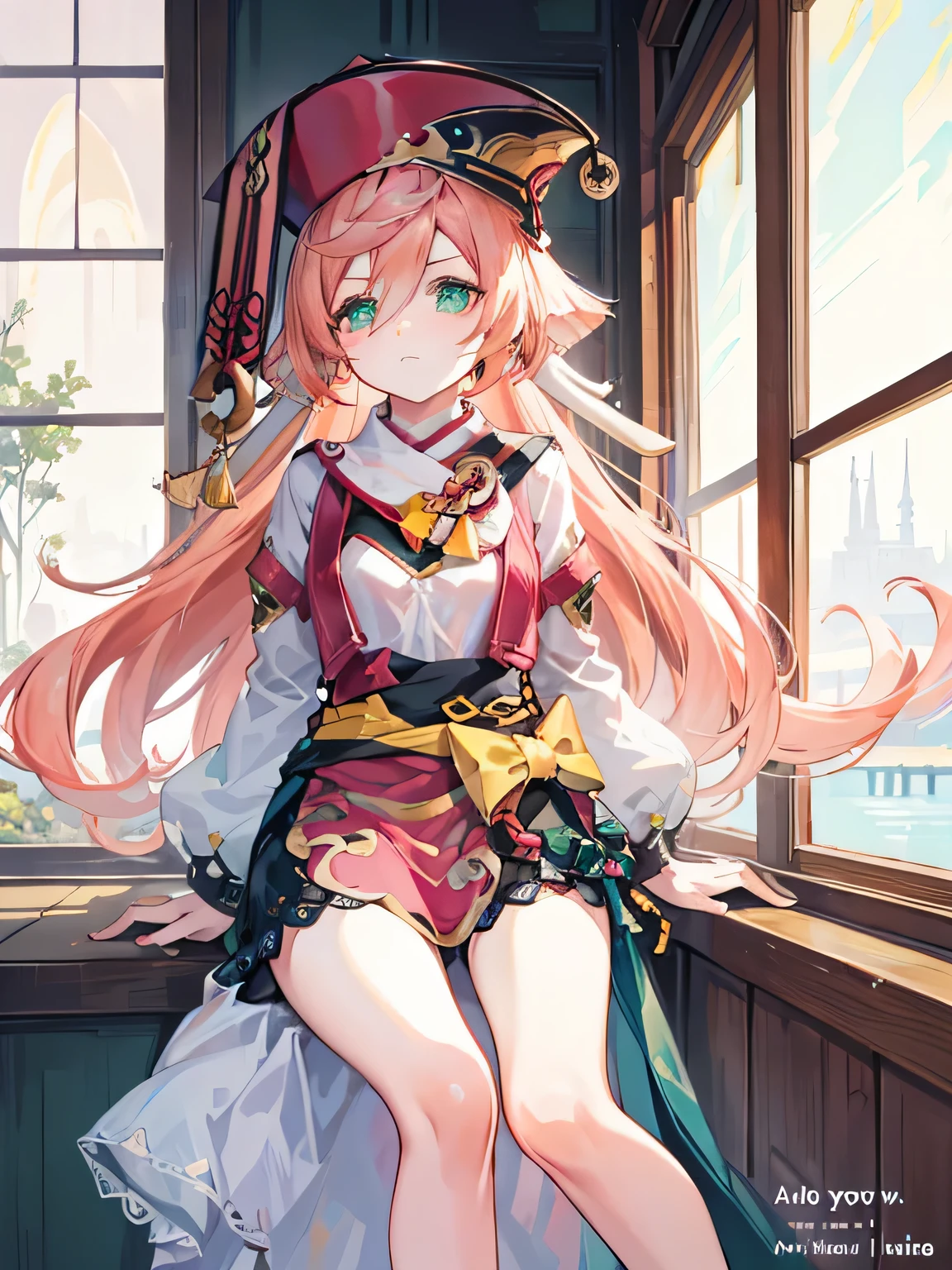 stand by the window,style,Long flowing hair,emerald green eyes,long pink hair,thigh