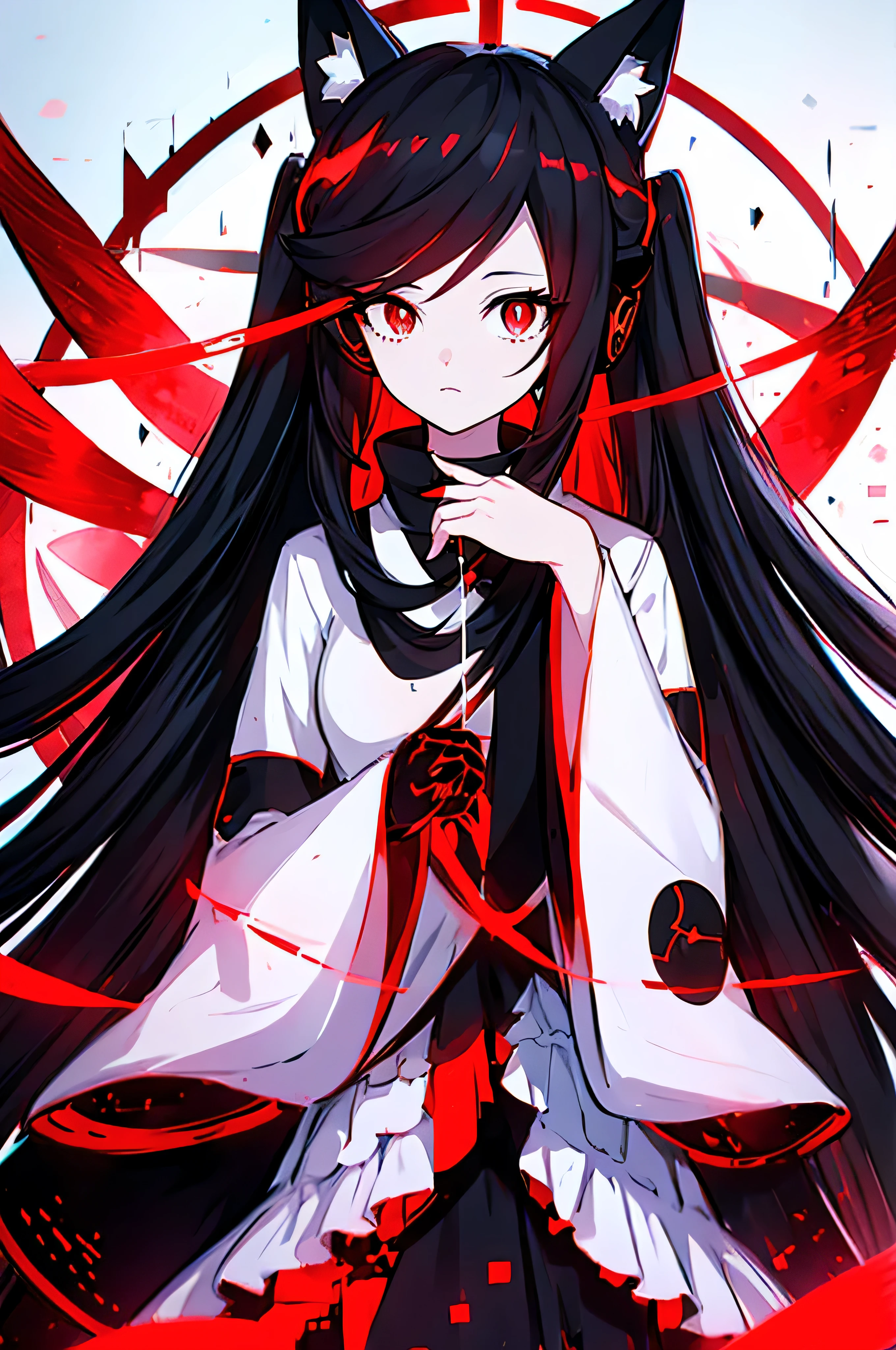 Anime girl with long black hair, halo black, red eyes, white pupils, fox ears, black coat, alone, corrupted, using a headset combined with red and black. Best quality, high resolution, 8k anime wallpapers, looking at viewer