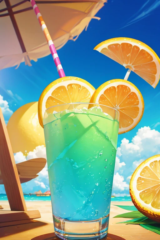 "In a Studio Ghibli-inspired illustration style, Create a beautiful scene of a lemon and coconut drink.. La bebida se presenta en un vaso decorado con patrones tropicales, con trozos de coco y rodajas de patilla flotando encima. The background shows a serene beach with soft sand and palm trees swaying gently in the sea breeze.... El sol se pone en el horizonte, paint the sky with warm, soft tones. En la distancia, se pueden ver algunas nubes esponjosas y gaviotas volando. The overall atmosphere is calm and evokes a feeling of calm and tranquility., invitando al espectador a sumergirse en el ambiente relajante mientras disfruta de esta bebida tropical."