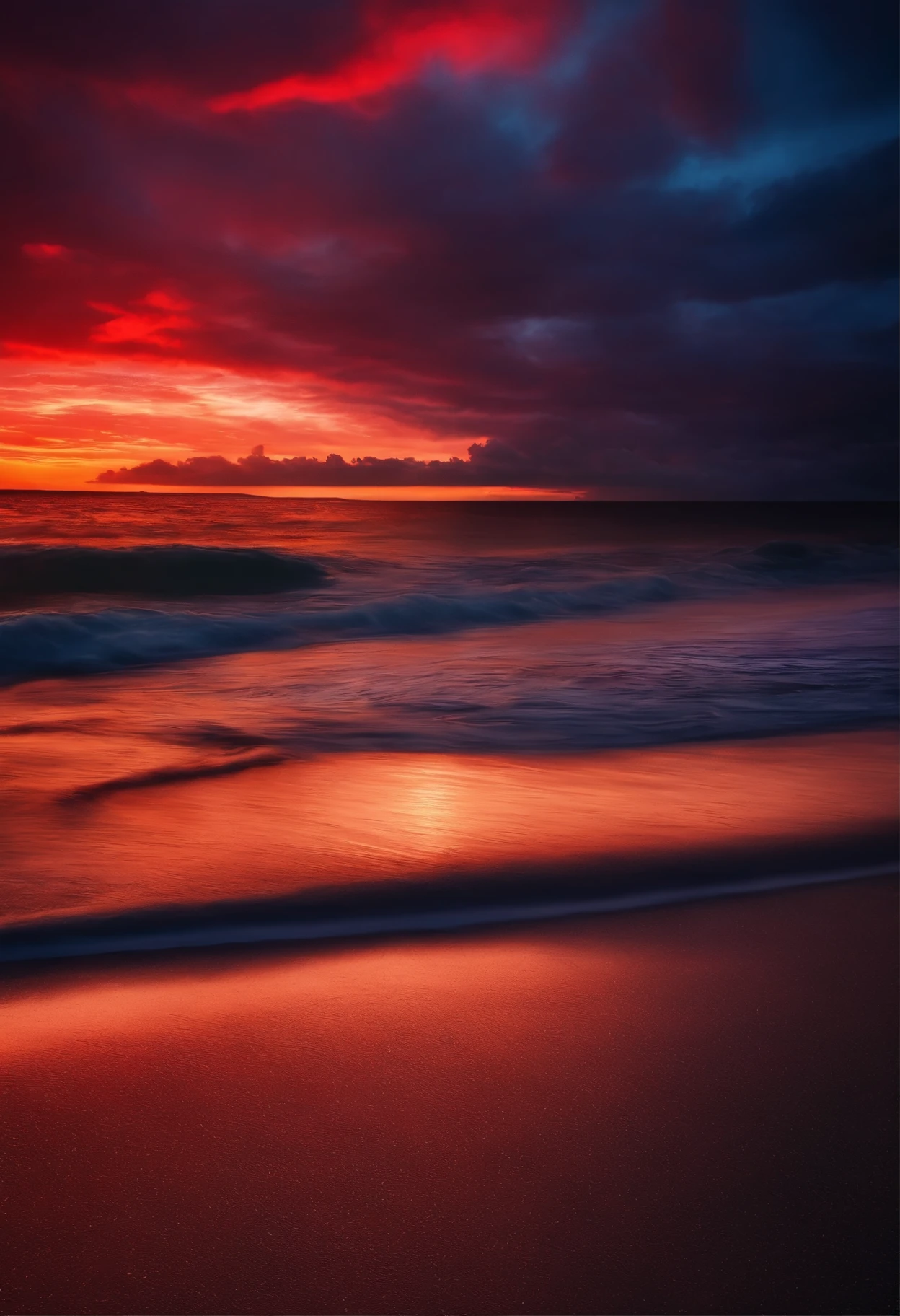 Sunrise on the beach The sun rising on the horizon Red clouds