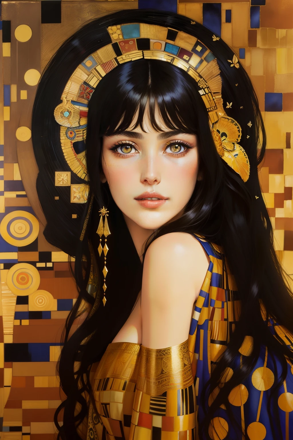 Gustav Klimt painted his new famous artwork of Monica Bellucci (with straight hair) and her beautiful sister, she is very beautiful, the background is colorful  with gold intricately detailed colorful single butterfly - watercolor art