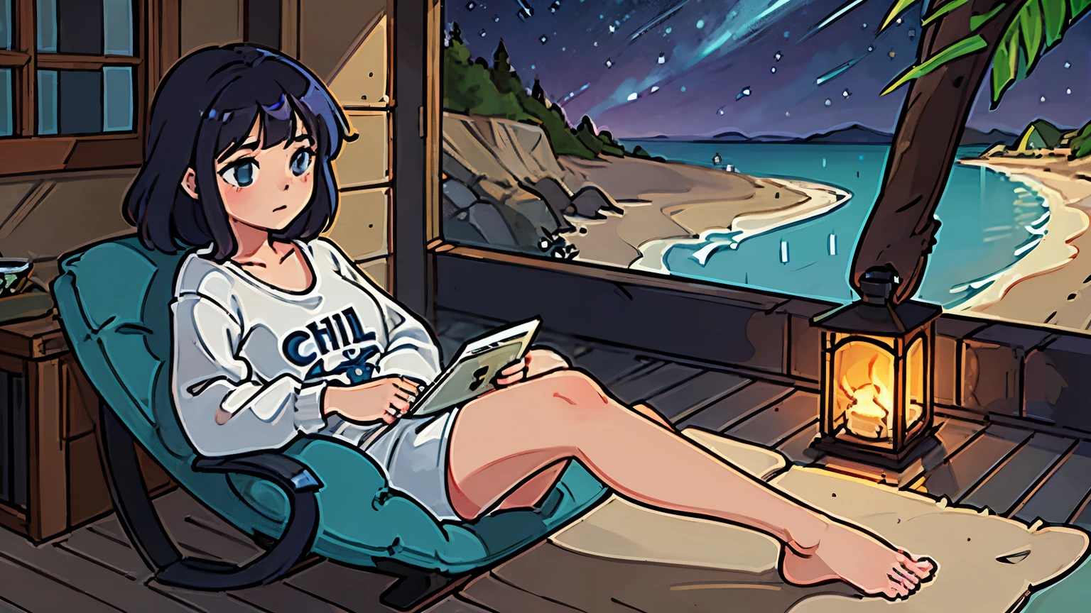 A age woman relaxing in a cottage by the sea The ocean is reflected in the background, and the word Chill is written on the ocean. night