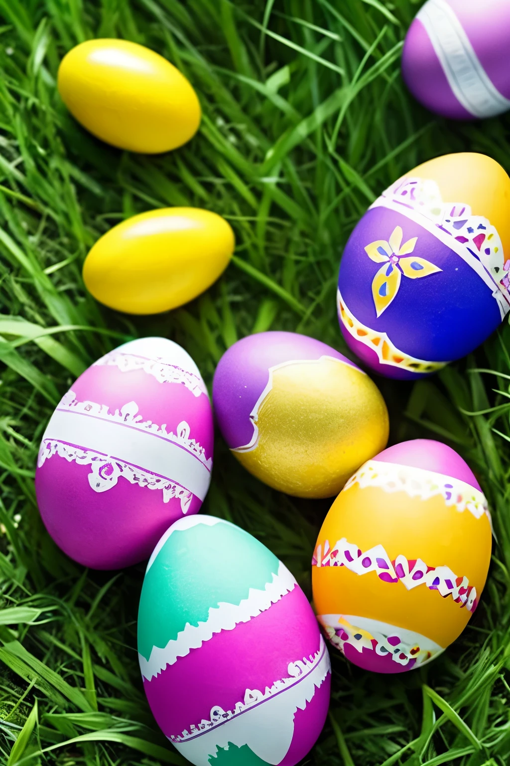 Ukrainian-style Easter Eggs in the grass.