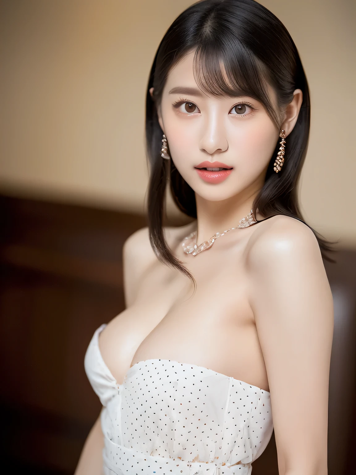 ((highest quality, 8K, masterpiece :1.3)), (realistic, Photoreal:1.4), sharp focus:1.2,
Bright colors, professional level, shallow depth of field,
20-year-old, 1 person, A beautiful face with intelligence,
Supple body :1.3, model body shape:1.5, 頭w:1.4, perfect style:1.4,
narrow shoulders, beautiful clavicle, long and thin legs, The beauty of slim abs :1.2, thin waist :1.2,
super detailed skin, Fair skin, Shiny skin,
super detailed face, slim facial contour, beautiful small face, Beautiful lined nose,
super detailed eyes, long slit eyes, brown eyes, double eyelid, beautiful thin eyebrows, fine long eyelashes,
super detailed lips, plump lips, glossy pink lips, flushed cheeks, beautiful teeth,
Beautiful actress's ennui makeup, pink lipstick, (necklace, earrings),
milk greige hair, delicate soft hair,
(hair up, perm hair, ponytail:1.2), layer cut, (dull bangs:1.2),
(Dress up with trendy fashion:1.2),
gentle smile, open mouth half way, Enchanted expression, stare at the camera,
dynamic lighting, ((Hasselblad Photos)),
((Completely naked, Put your hand in the crotch, upturned breasts:1.2)),
(She is wearing a tight blouse with milk colored polka dots),
(perfect breast shape, B cup:1.2), It is a small pale pink areola.,
She has a cute plump butt, My thighs are dazzling,
(View from below, pay attention to the thighs, full body portrait:1.5),
blue sky and aegean sea, sea beach, The horizon of the ocean spreading out in the background,
walking with beautiful posture, Diagonal angle of view,
Posing with palms like a , spreading my legs,
cinematic lighting, midsummer rays, Bright light shining all over,