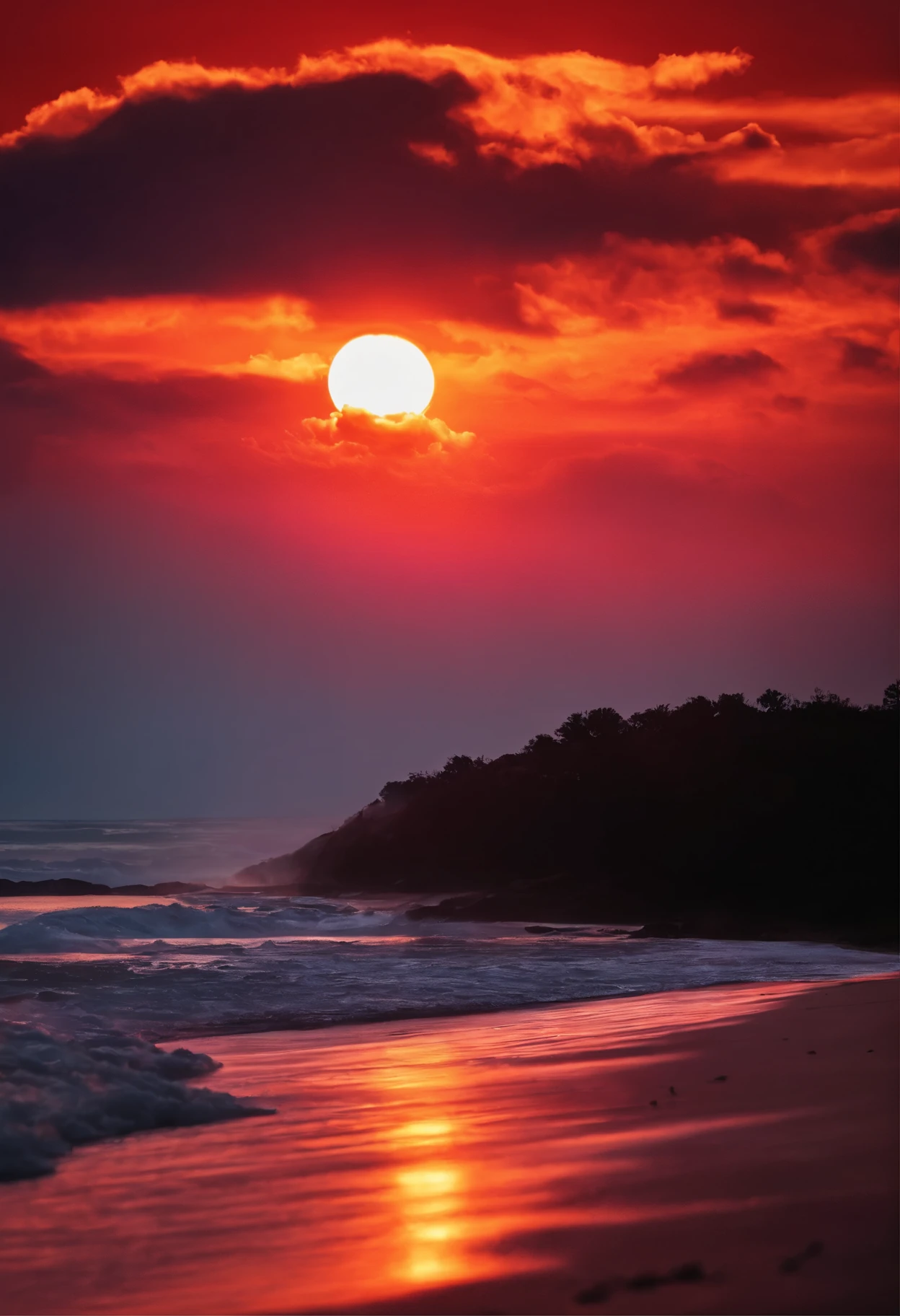 Sunrise on the beach The sun rising on the horizon Red clouds