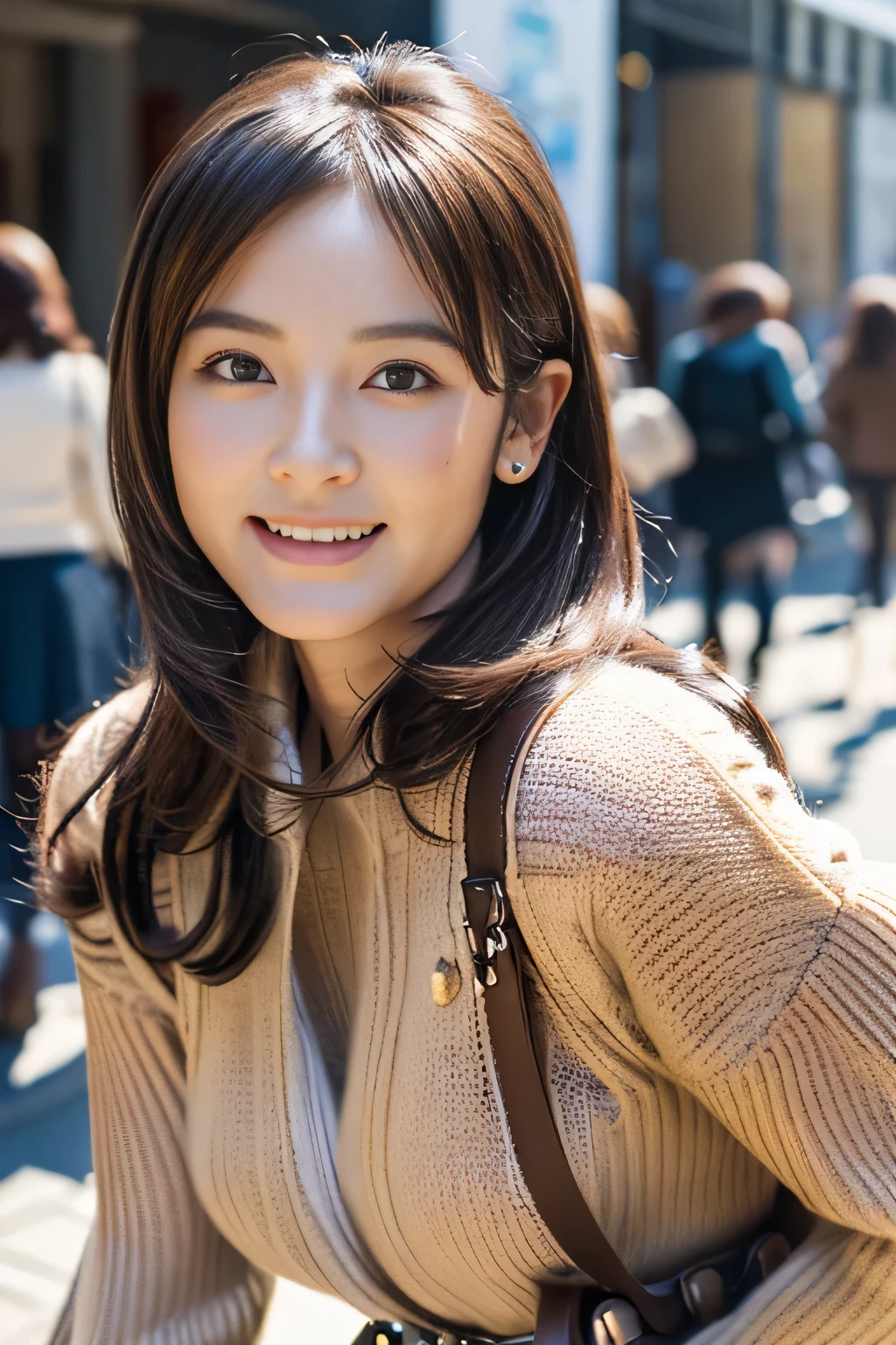 masterpiece, highest quality, Photoreal, Super detailed, finely, High resolution, 8k wallpaper, Professional, Advanced level of detail, ((College girl posing in the city:1.2)), slender Japanese woman,, detailed clavicle, Medium chest、perfect face, (Front facing:1.2)、medium long hair, chestnut hair、(A snug-fitting sweater that emphasizes your chest:1.5)、(Mini Flared Cart:1.8)、(Knee-high boots:1.2)、cute face、(gentle smile:1.5)、(brown skin:1.5)