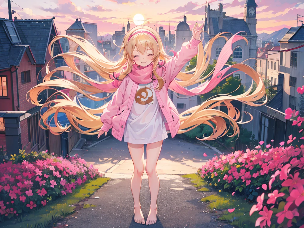 a cute 6 year old church girl named Anna, both brownish blonde hair, long wavy hair, pink white sweater, scarf, no pants, wearing a pink hairband, on a jog, eyes closed, sunset, slight smile, wristbands, barefoot, joyful, energetic 