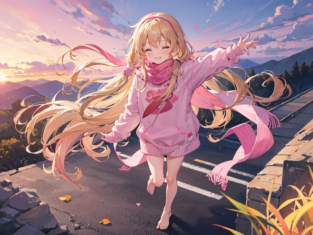 a cute 6 year old church girl named Anna, both brownish blonde hair, long wavy hair, pink white sweater, scarf, no pants, wearing a pink hairband, on a jog, eyes closed, sunset, slight smile, wristbands, barefoot, joyful, energetic 