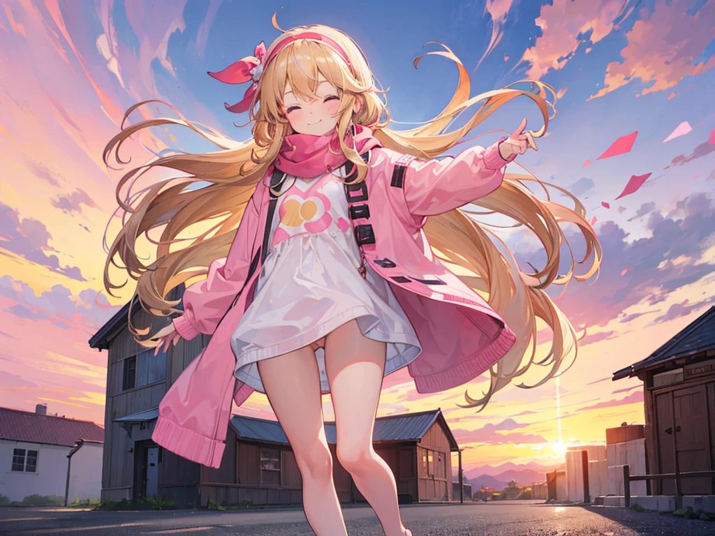 a cute 6 year old church girl named Anna, both brownish blonde hair, long wavy hair, pink white sweater, scarf, no pants, wearing a pink hairband, on a jog, eyes closed, sunset, slight smile, wristbands, barefoot, joyful, energetic 