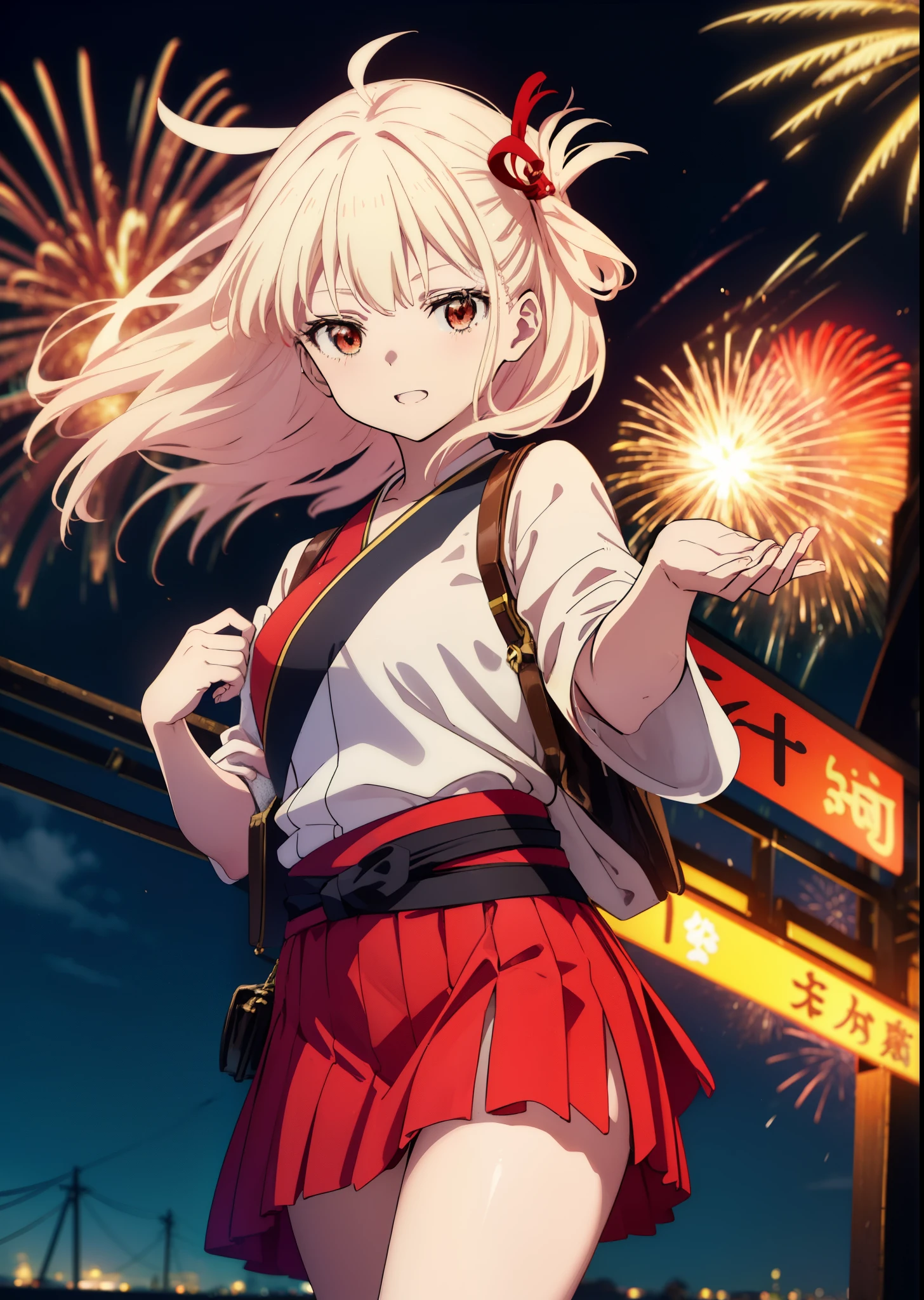 chisatonishikigi, Chisato Nishikigi, long hair, bangs, blonde hair, (red eyes:1.5), happy smile, smile, open your mouth,hair tied back,light red yukata,mini skirt,Zori sandals,fireworks in the night sky,fireworks,The place is a fireworks display,Time is night、sunny day,turn around,So that the whole body goes into the illustration,
break outdoors, shrine,祭り
break looking at viewer, (cowboy shot:1.5),
break (masterpiece:1.2), highest quality, High resolution, unity 8k wallpaper, (figure:0.8), (detailed and beautiful eyes:1.6), highly detailed face, perfect lighting, Very detailed CG, (perfect hands, perfect anatomy),