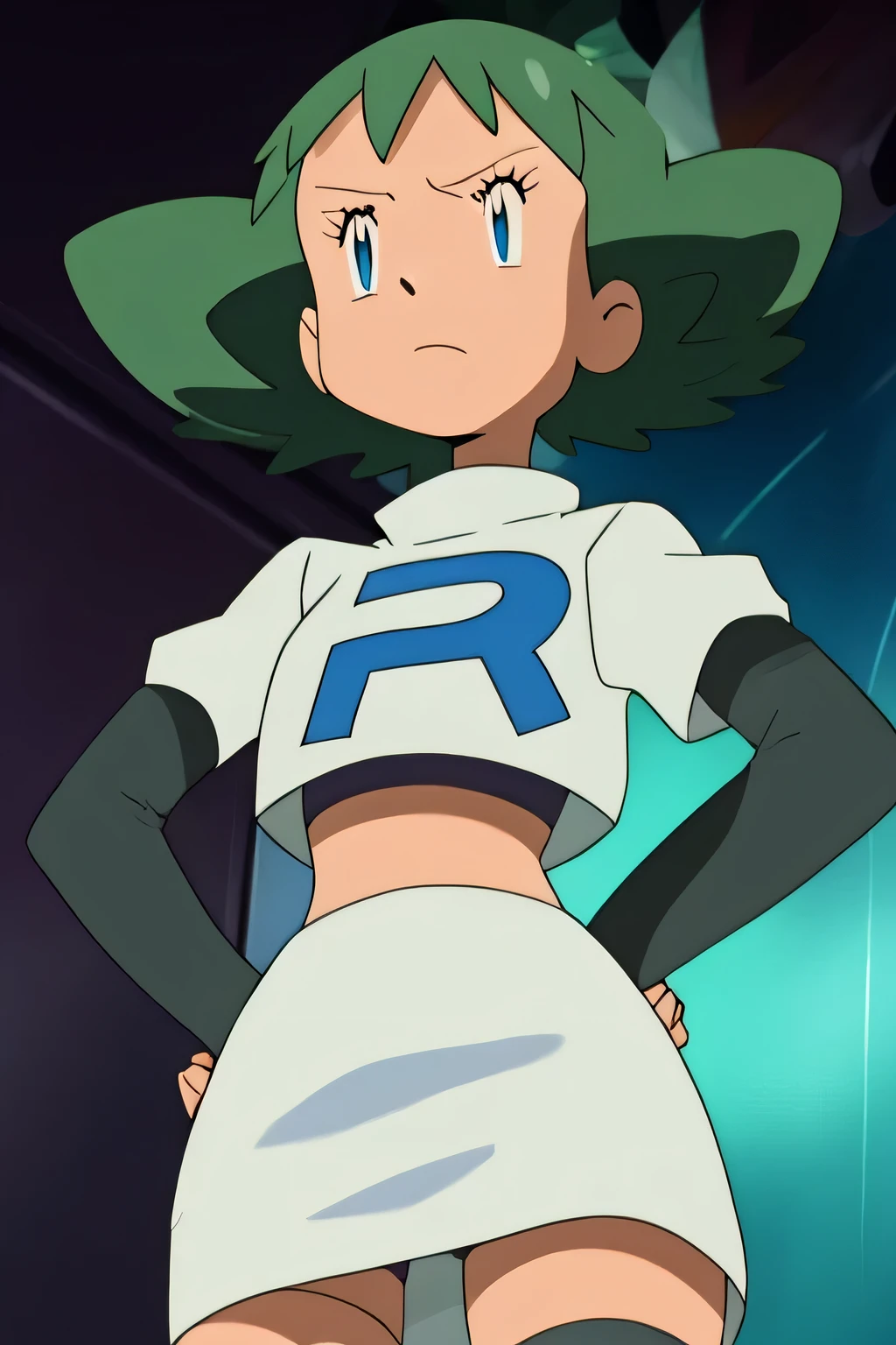 8k, masterpiece,highres, team rocket uniform, red letter r, white skirt,white crop top,black thigh-high boots, black elbow gloves, glaring angrily, looking down at viewer, hands on hips, cowboy shot, zettai ryouiki,from below, black panties,anime style, vivid colors, sharp focus, intense lighting,molly hale