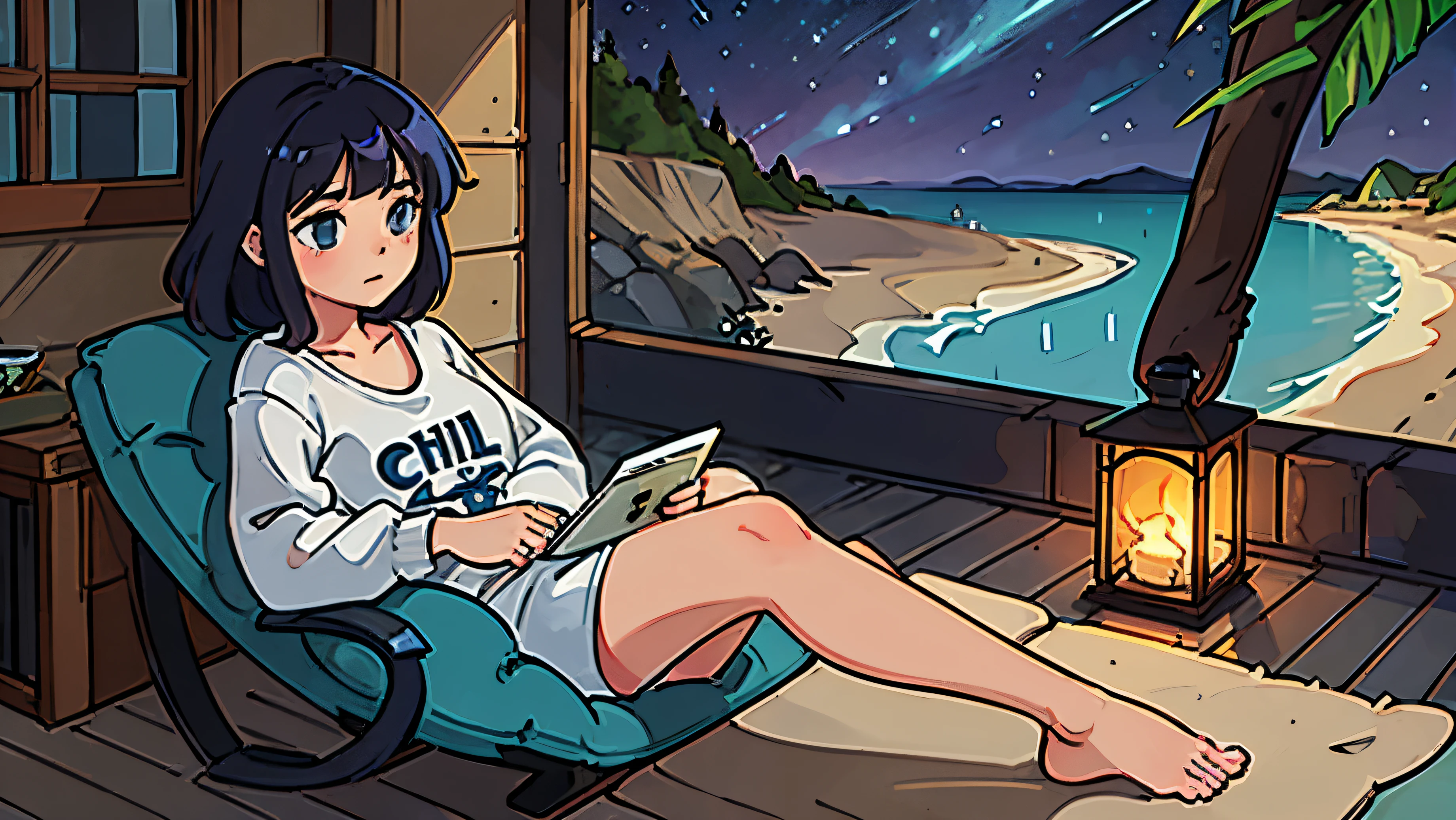 A age woman relaxing in a cottage by the sea　The ocean is reflected in the background, and the word Chill is written on the ocean.　night