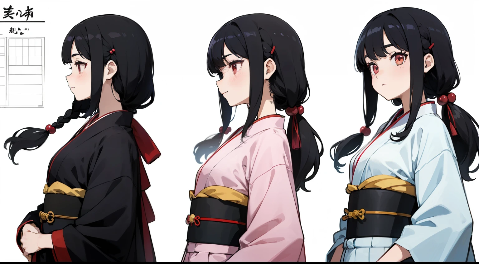 16 years old, Black Hair Girl, Hair length to the armpits (((happy flirty look))) ,japanese kimono, ((Odango hairstyle)) (((detailed character sheet, Front view, Side view, 3/4 view)))