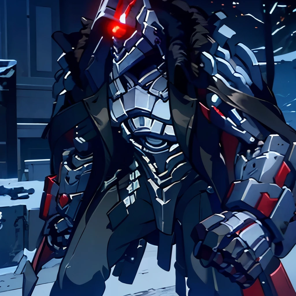 Svarog,robot,mecha,boy,black jacket, blue body,black shoes, black pants,1 eye,red robot eye