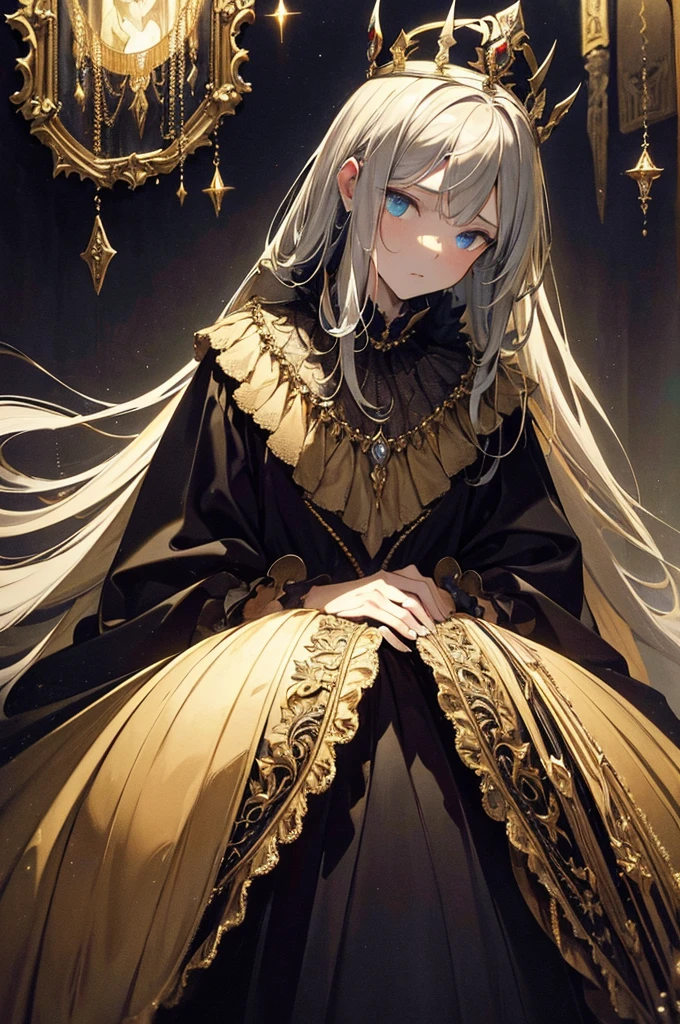 masterpiece, high-quality, spectral monarch, otherworldly grandeur, refined oil painting style, ethereal translucent layers, majestic flowing robe, timeless sophistication, enigmatic aura, nuanced and detailed brushwork, dramatic chiaroscuro illumination, deep jewel tones, luxurious velvety shadows, luminescent outlines, atmospheric profundity, artistic finesse, reminiscent of the masterful techniques of Rembrandt and Caravaggio, lavish gold and silver embellishments, murmuring age-old enigmas, eerily exquisite countenance, elaborate crown intricacies, seamless blend of visible and vanishing edges, profound and moody backdrop, subtle canvas texture, evocative of Gustav Klimt's decorative elegance, ghostly serene presence, captivating eye contact, whisper of ancient regality