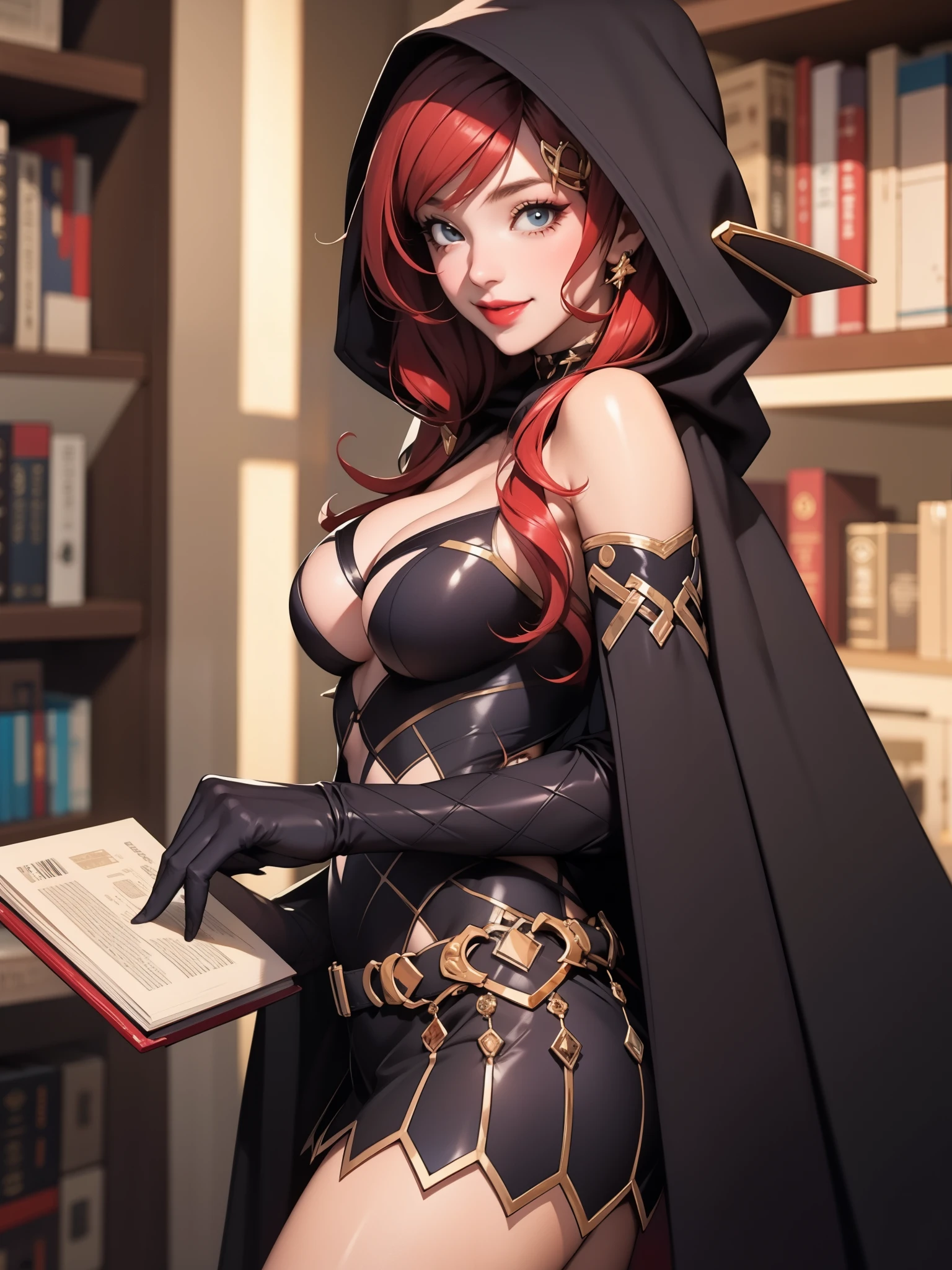 perfect eyes:1.2, detailed eyes:1.4, realistic:1.4, crazy eyes, crazy smile, red hair, hair over shoulder, holding book, book, robe, cape, fringe, tentacles, argyle, checkered, clothing cutout, thighhighs, makeup, lipstick, hood up, cleavage, 1girl, solo, (masterpiece:1.6, best quality),