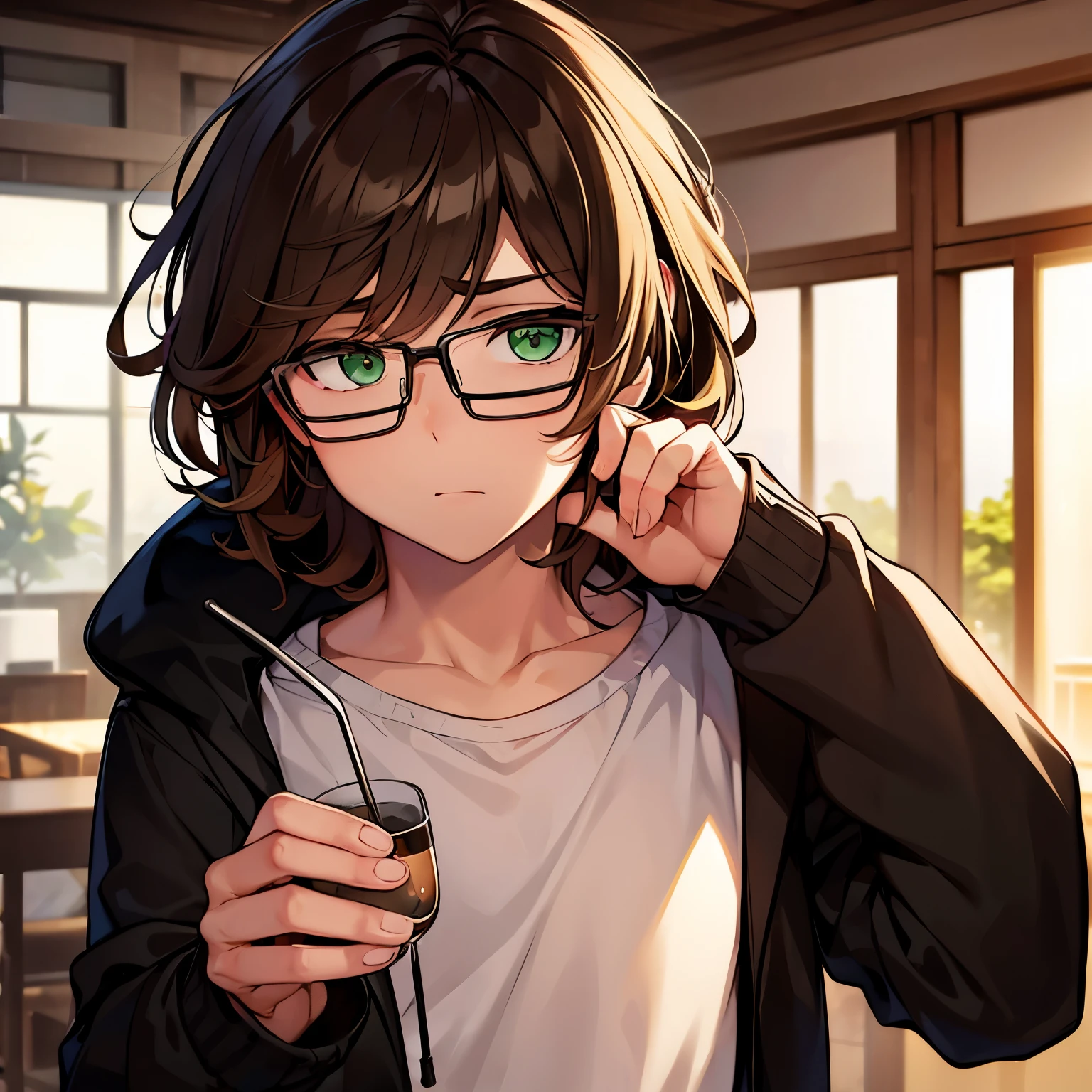 Boy brown hair green eyes white tea, chico atractivo, con mirada fria, something grumpy with black glasses hanging in his hair