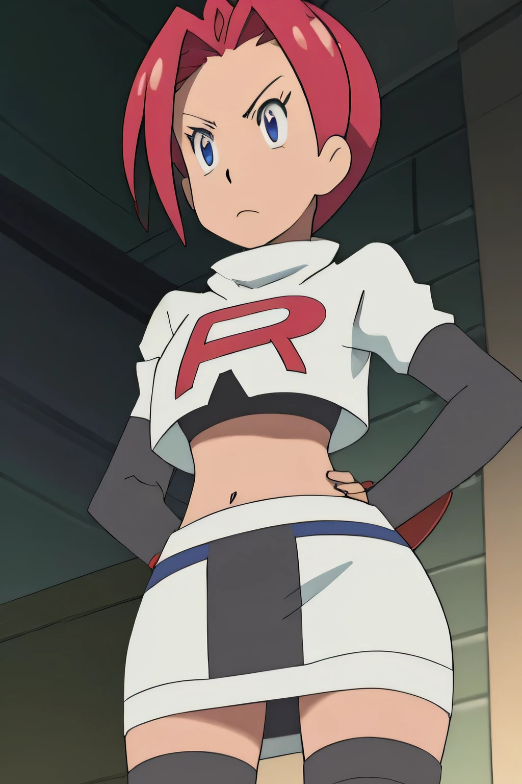 8k, masterpiece,highres, team rocket uniform, red letter r, white skirt,white crop top,black thigh-high boots, black elbow gloves, glaring angrily, looking down at viewer, hands on hips, cowboy shot, zettai ryouiki,from below, black panties,anime style, vivid colors, sharp focus, intense lighting,emily