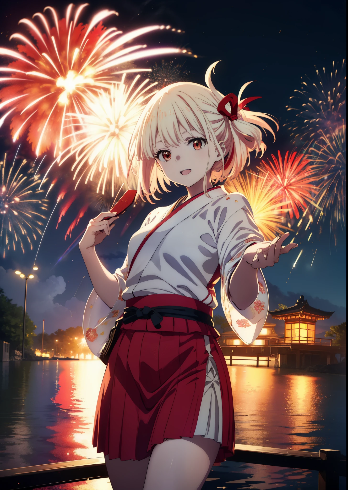 chisatonishikigi, Chisato Nishikigi, long hair, bangs, blonde hair, (red eyes:1.5), happy smile, smile, open your mouth,hair tied back,light red yukata,mini skirt,Zori sandals,fireworks in the night sky,fireworks,The place is a fireworks display,Time is night、sunny day,turn around,So that the whole body goes into the illustration,
break outdoors, shrine,祭り
break looking at viewer, (cowboy shot:1.5),
break (masterpiece:1.2), highest quality, High resolution, unity 8k wallpaper, (figure:0.8), (detailed and beautiful eyes:1.6), highly detailed face, perfect lighting, Very detailed CG, (perfect hands, perfect anatomy),