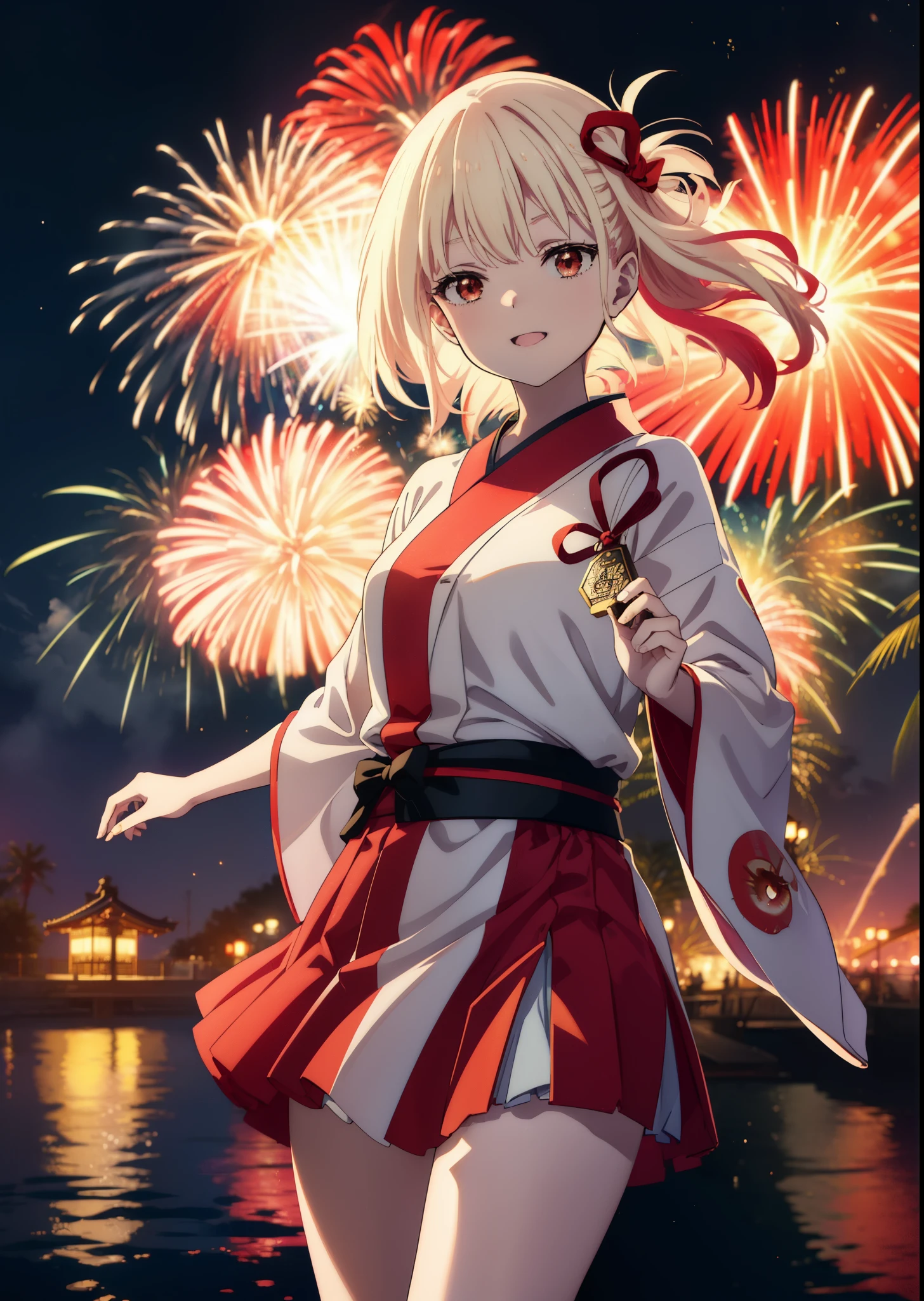 chisatonishikigi, Chisato Nishikigi, long hair, bangs, blonde hair, (red eyes:1.5), happy smile, smile, open your mouth,hair tied back,light red yukata,mini skirt,Zori sandals,fireworks in the night sky,fireworks,The place is a fireworks display,Time is night、sunny day,turn around,So that the whole body goes into the illustration,
break outdoors, shrine,祭り
break looking at viewer, (cowboy shot:1.5),
break (masterpiece:1.2), highest quality, High resolution, unity 8k wallpaper, (figure:0.8), (detailed and beautiful eyes:1.6), highly detailed face, perfect lighting, Very detailed CG, (perfect hands, perfect anatomy),