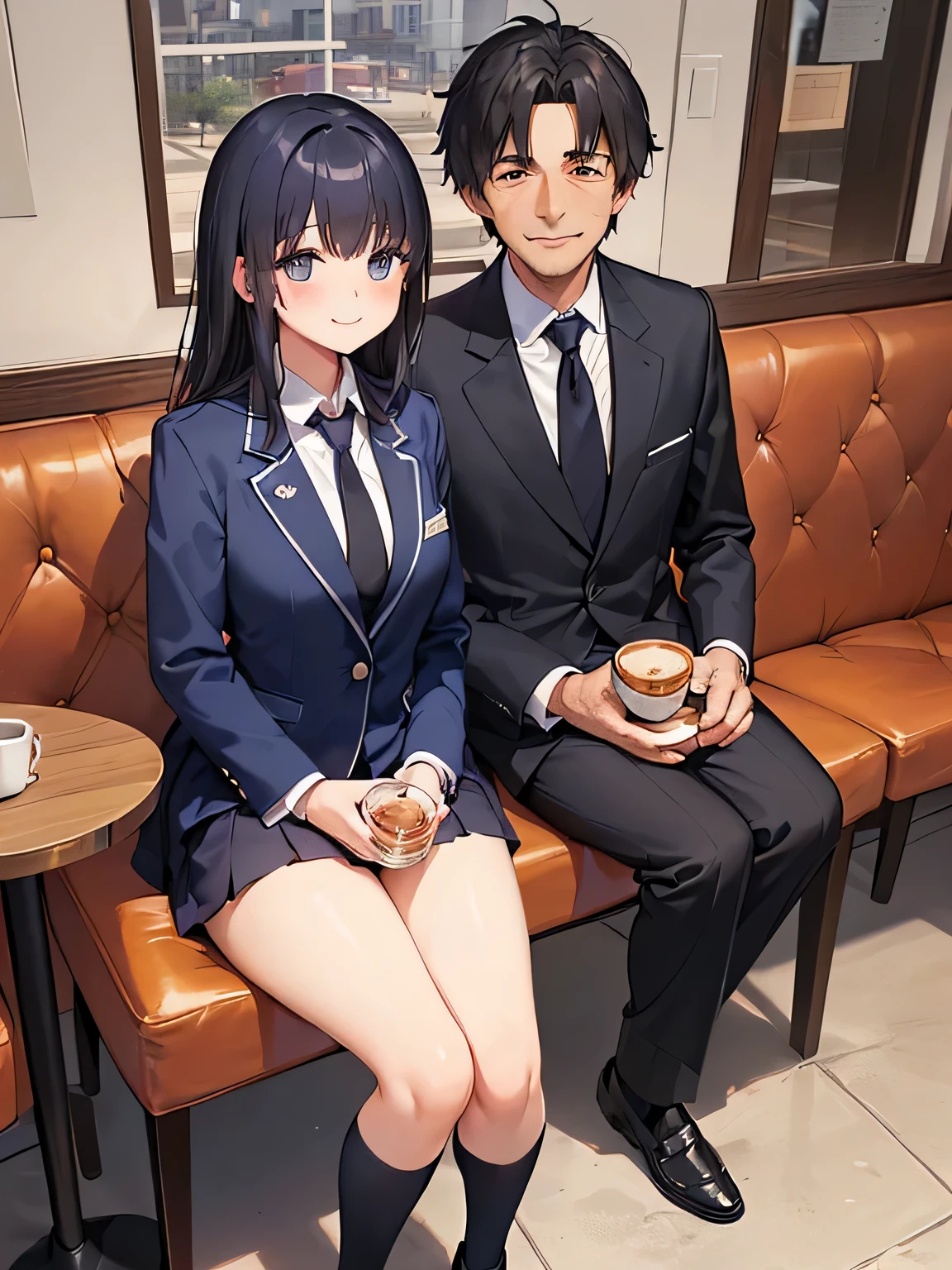 (masterpiece、highest quality、High resolution、realistic pictures、real looking skin:1.1)、 (A man and a woman are sitting in a chair in a cafe and drinking tea:1.5)、 (The two of them are smiling because they love each other.:1.8)、 (Please make the image mainly composed of women.:1.8)、 (The woman is an 18-year-old high school girl.:1.5)、 (The woman is wearing a uniform blazer, a uniform miniskirt, navy blue knee-high socks, and black loafers.:1.8)、 (The man is a working adult and is a middle-aged man of 35 years old, so please let him look a little older.:1.8)、 (The man is wearing a gray slacks suit and a tie:1.8)、 (Women have short black hair:1.5)、 (women have small faces:1.5)、 (The location is a cafe in front of the station:1.5)、 1 Japanese girl、full body esbian、beautiful eyes、shining eyes、Shining thighs、NSFW