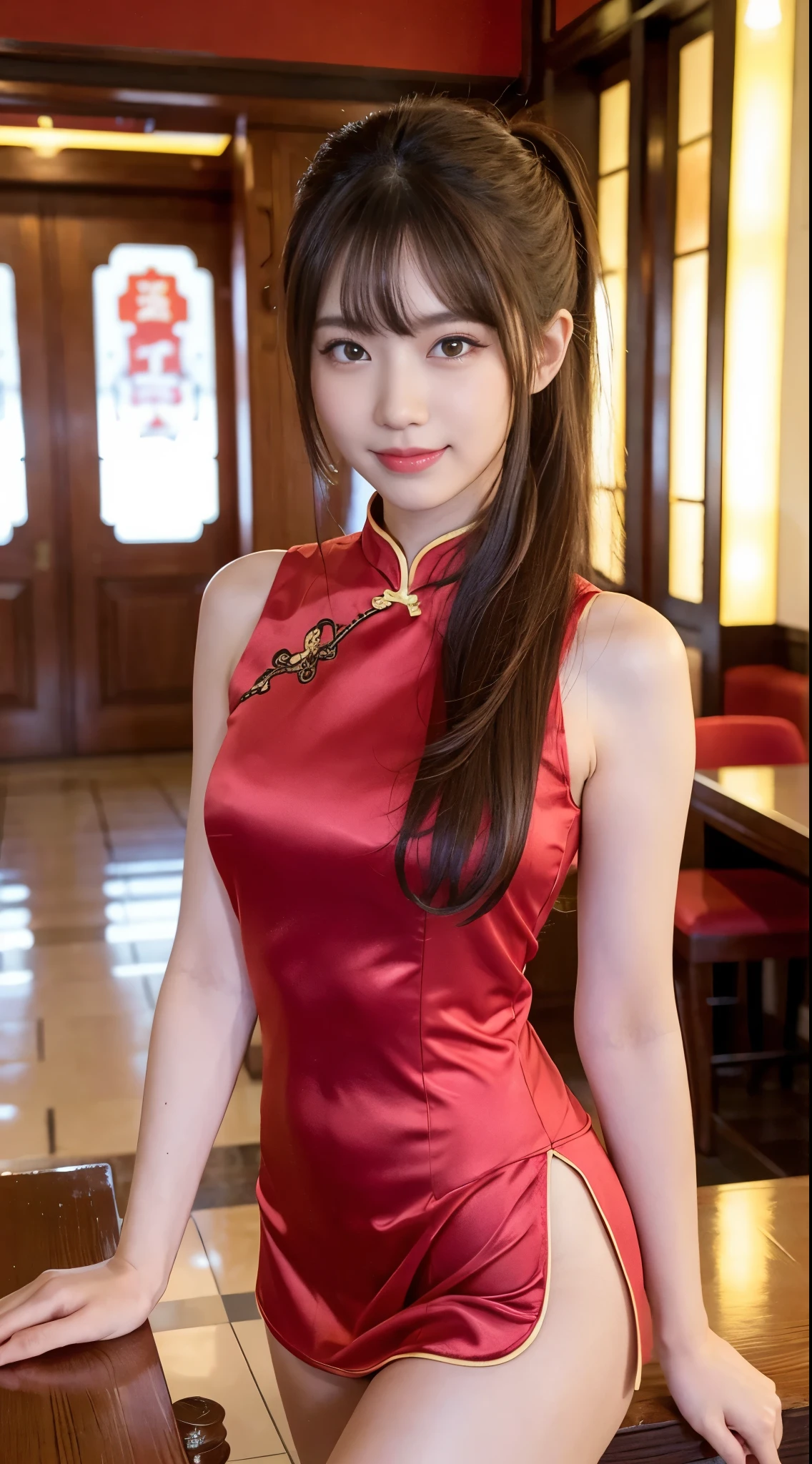 (highest quality、8K、masterpiece、nffsw:1.2)、Three 19-year-old slender beauties lined up，Flashy makeup with red eyeshadow，double eyelid，delicate mid-cut ponytail，sexy cheongsam and silk miniskirt，best smile，She is wearing a sexy short colorful cheongsam。。，Chinese dress with deep slit，draw hands correctly，The background is the bright interior of a Chinese restaurant...，