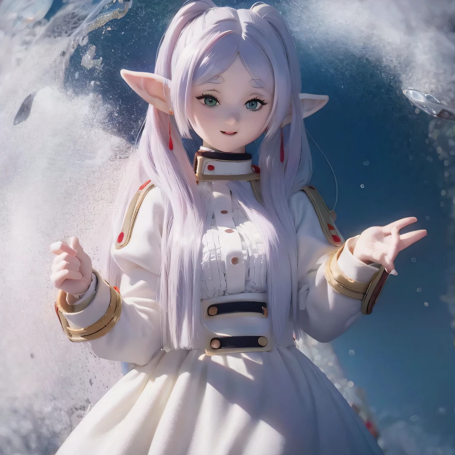 A gothic ta with white hair standing in a snowy landscape, surrounded by frozen trees. (best quality, highres, ultra-detailed), wearing a frilly black dress and lace stockings, holding a delicate umbrella with intricate lace patterns. The white hair is flowing down to her waist, contrasting with her pale skin. The scene is bathed in a cold blue color tone, with soft, ethereal lighting illuminating the snowflakes falling around her.(((((smile)))))