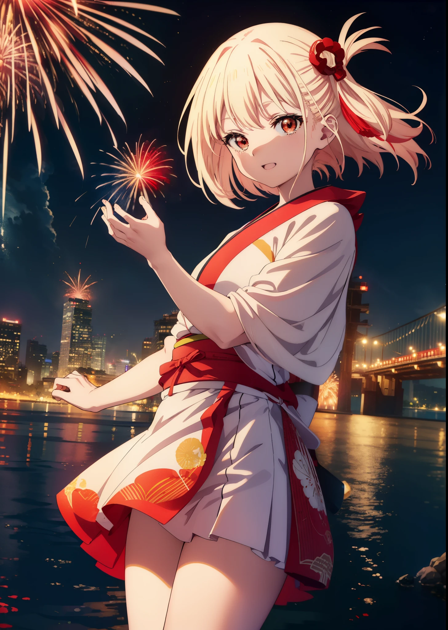 chisatonishikigi, Chisato Nishikigi, long hair, bangs, blonde hair, (red eyes:1.5), happy smile, smile, open your mouth,hair tied back,light red yukata,mini skirt,Zori sandals,fireworks in the night sky,fireworks,The place is a fireworks display,Time is night、sunny day,turn around,So that the whole body goes into the illustration,
break outdoors, shrine,祭り
break looking at viewer, (cowboy shot:1.5),
break (masterpiece:1.2), highest quality, High resolution, unity 8k wallpaper, (figure:0.8), (detailed and beautiful eyes:1.6), highly detailed face, perfect lighting, Very detailed CG, (perfect hands, perfect anatomy),