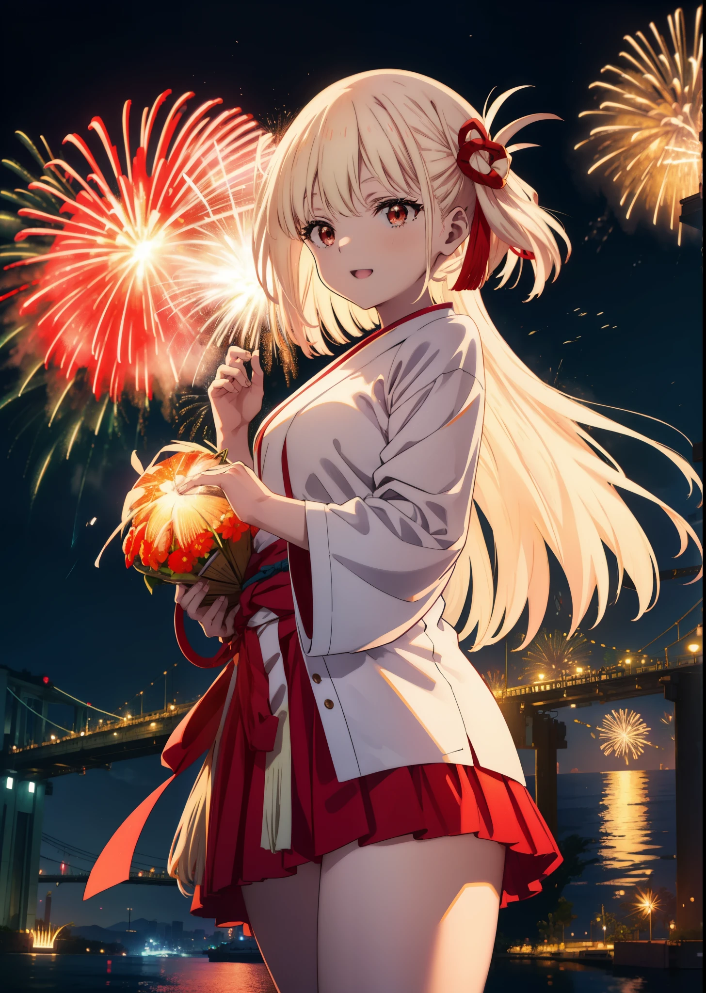 chisatonishikigi, Chisato Nishikigi, long hair, bangs, blonde hair, (red eyes:1.5), happy smile, smile, open your mouth,hair tied back,light red yukata,mini skirt,Zori sandals,fireworks in the night sky,fireworks,The place is a fireworks display,Time is night、sunny day,turn around,So that the whole body goes into the illustration,
break outdoors, shrine,祭り
break looking at viewer, (cowboy shot:1.5),
break (masterpiece:1.2), highest quality, High resolution, unity 8k wallpaper, (figure:0.8), (detailed and beautiful eyes:1.6), highly detailed face, perfect lighting, Very detailed CG, (perfect hands, perfect anatomy),