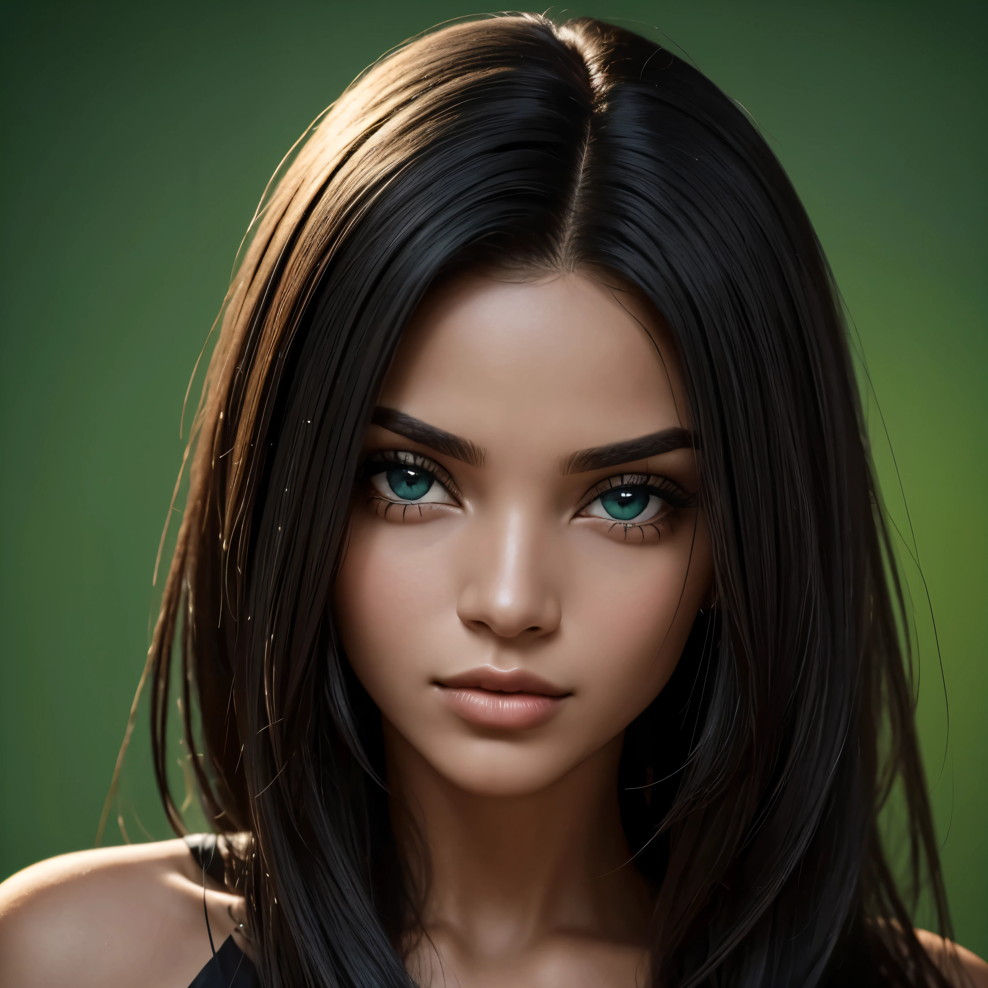 mulher de cabelo preto curto, olhos grandes, boca vermelha, com microfone de ouvido, on a green background speaking in front of cameras