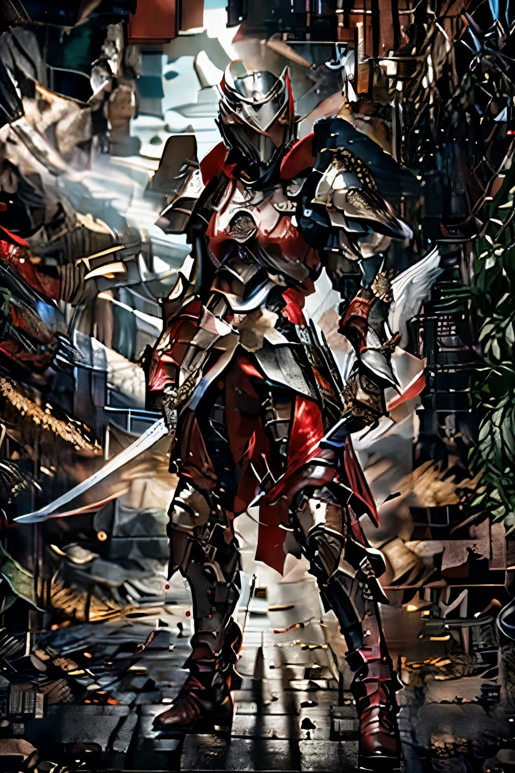 An angelic knight wearing a full suit of armor with a halo, angel wings, and a flaming sword, in a dark cavern.