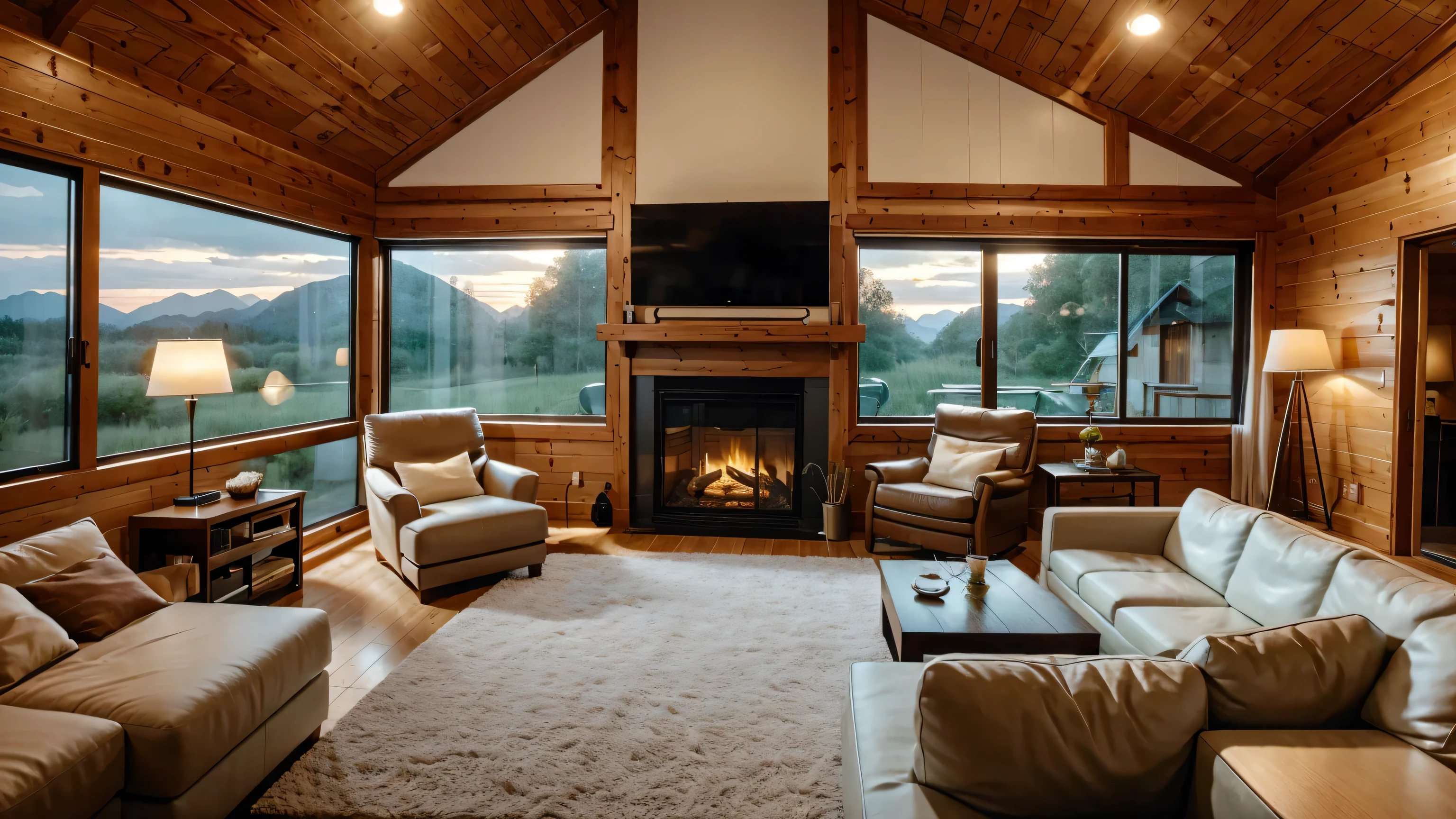 A modern and inviting living room within a cabin, boasting a double-height ceiling and a floor-to-ceiling window on one side. The evening scene should exude coziness, with soft lighting casting a warm glow from various lights and lamps over the white plush sofas, a low-centered table gathered around, and a fireplace. The color of the sofas should be white and beige only. Emphasize the sleek and stylish elements in the room, capturing the serene ambiance of a modern cabin retreat during a peaceful evening.