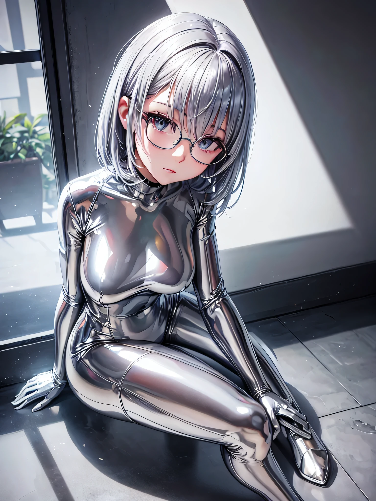 Highest quality 8K UHD、muste piece、Upper body、short hair、open the thighs、sitting down and raising one leg、open legs、silver hair、Glasses、Full body shiny silver tights、Beautiful woman wearing a full body silver metallic suit、Full body silver metallic rubber suit