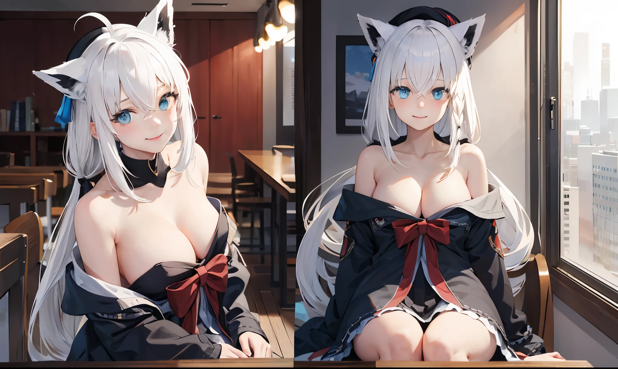 ccfbk, long hair, ahoge, animal ears, (beret:1.2), black headwear, fox tail,
BREAK ((AKATSUKI OUTFIT:1.1), (cleavage:1.5),(Off-the-shoulder attire:1.5):1.2)
BREAK (smile1.2), ((fullllbody)),(Seductive look),(NSFW),
BREAK class room,
BREAK (masterpiece:1.2), best quality, high resolution, unity 8k wallpaper, (illustration:0.8), (beautiful detailed eyes:1.6), extremely detailed face, perfect lighting, extremely detailed CG, (perfect hands, perfect anatomy),