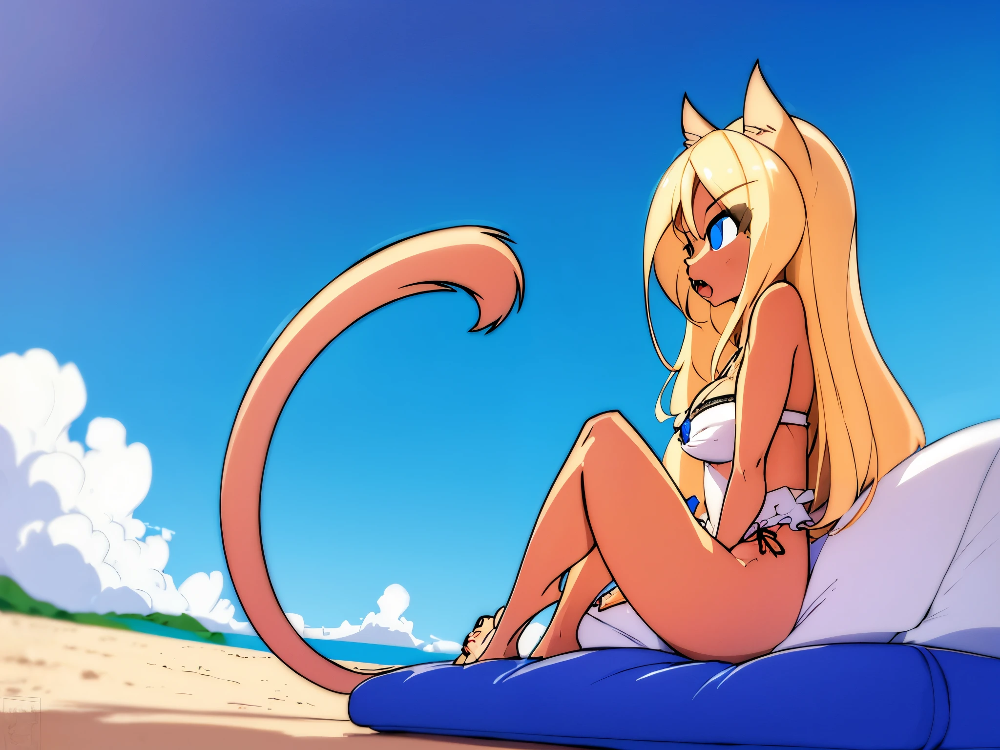 cute female anthro cat girl, blue eyes, long blonde hair, small breasts, perky nipples, on a blue cushion on the beach, doggystyle sex, open mouth, moaning