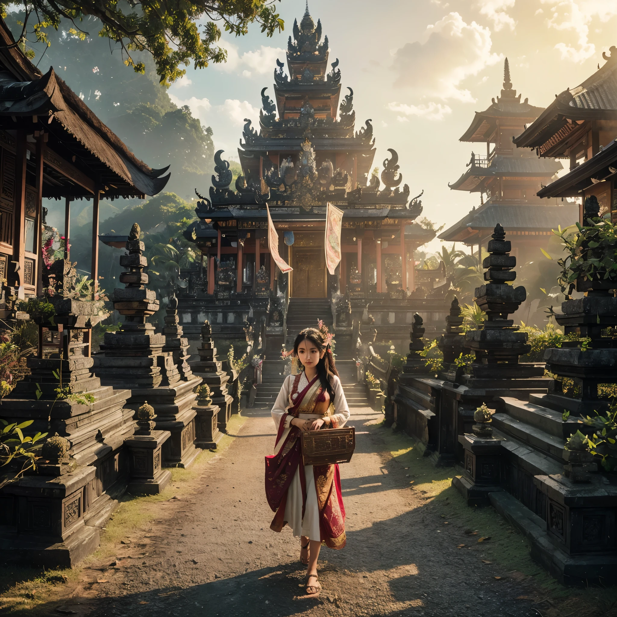 8k Uhd, Dslr,Film Grain, Fujifilm XT3,(Best Quality:1.3), (Masterpiece:1.1), High Resolution, Cinematic Light, Intricate Details, (Photorealistic) create a realistic photography of sacred magical exotic scenery of bali temple on the morning breeze, there are local balinese beautiful girl ((detail pretty exotic malay face)) wearing local traditional cloths ride a old bicycle