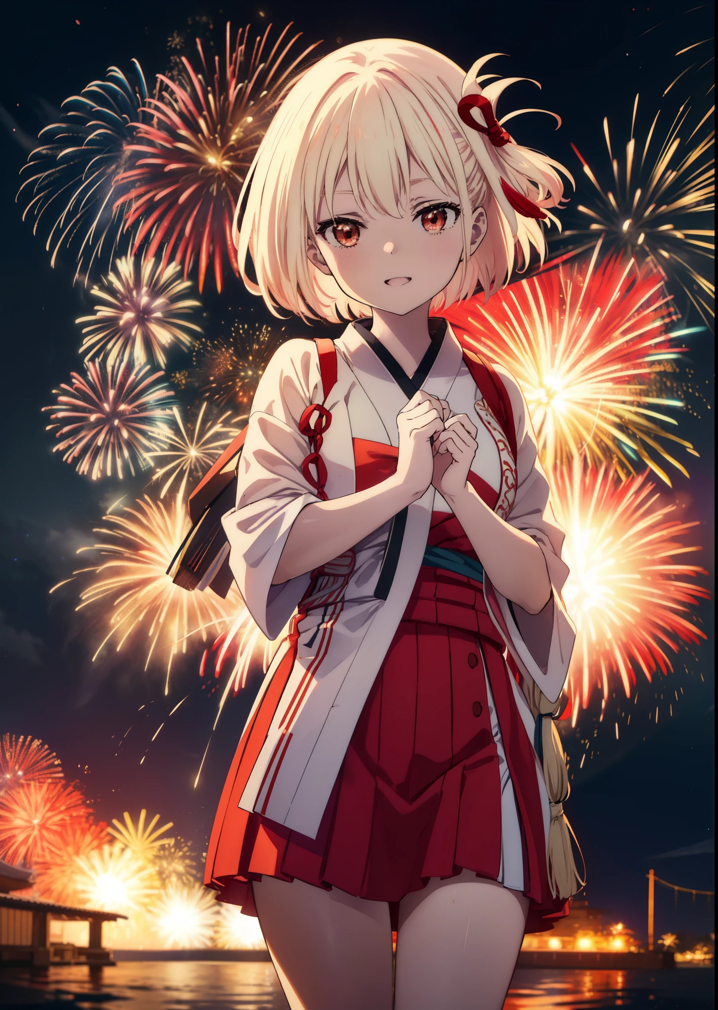chisatonishikigi, Chisato Nishikigi, long hair, bangs, blonde hair, (red eyes:1.5), happy smile, smile, open your mouth,hair tied back,light red yukata,mini skirt,Zori sandals,fireworks in the night sky,fireworks,The place is a fireworks display,Time is night、sunny day,turn around,So that the whole body goes into the illustration,
break outdoors, shrine,祭り
break looking at viewer, (cowboy shot:1.5),
break (masterpiece:1.2), highest quality, High resolution, unity 8k wallpaper, (figure:0.8), (detailed and beautiful eyes:1.6), highly detailed face, perfect lighting, Very detailed CG, (perfect hands, perfect anatomy),