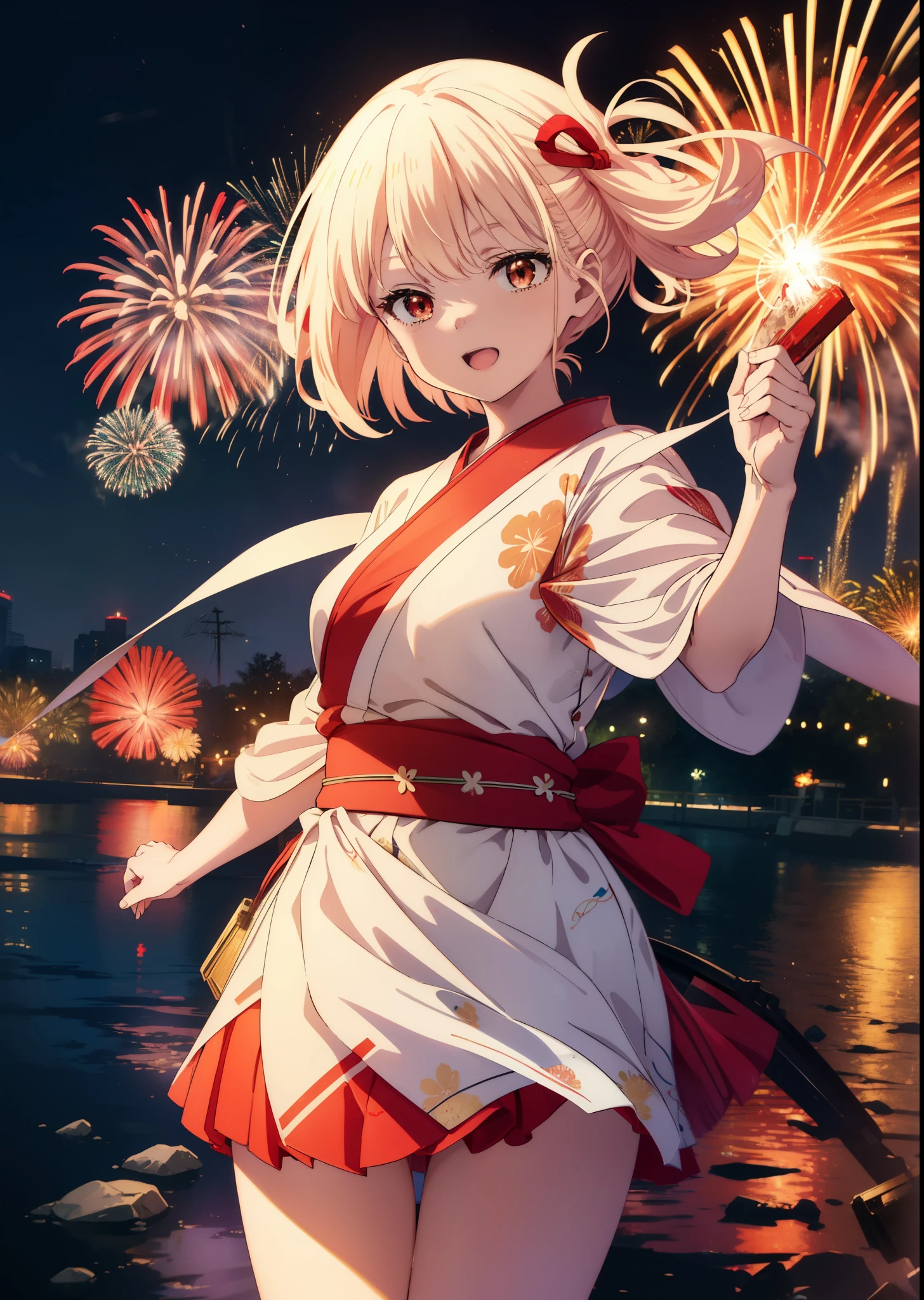 chisatonishikigi, Chisato Nishikigi, long hair, bangs, blonde hair, (red eyes:1.5), happy smile, smile, open your mouth,hair tied back,light red yukata,mini skirt,Zori sandals,fireworks in the night sky,fireworks,The place is a fireworks display,Time is night、sunny day,turn around,So that the whole body goes into the illustration,
break outdoors, shrine,祭り
break looking at viewer, (cowboy shot:1.5),
break (masterpiece:1.2), highest quality, High resolution, unity 8k wallpaper, (figure:0.8), (detailed and beautiful eyes:1.6), highly detailed face, perfect lighting, Very detailed CG, (perfect hands, perfect anatomy),