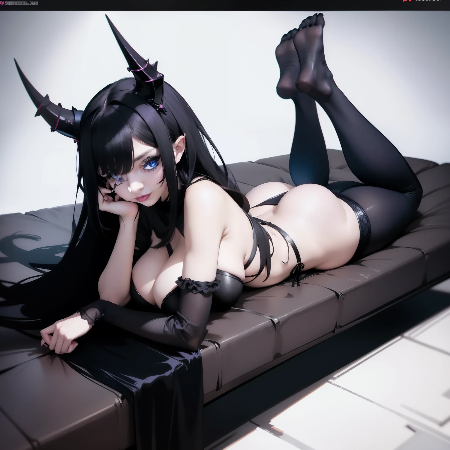 seductive gothic lady with ample bosom and wearing skimpy bikini, devil horns, black color scheme, black hair, blue eyes, smirk, showing off her ass, bare ass, ASS, laying down, bare feet only