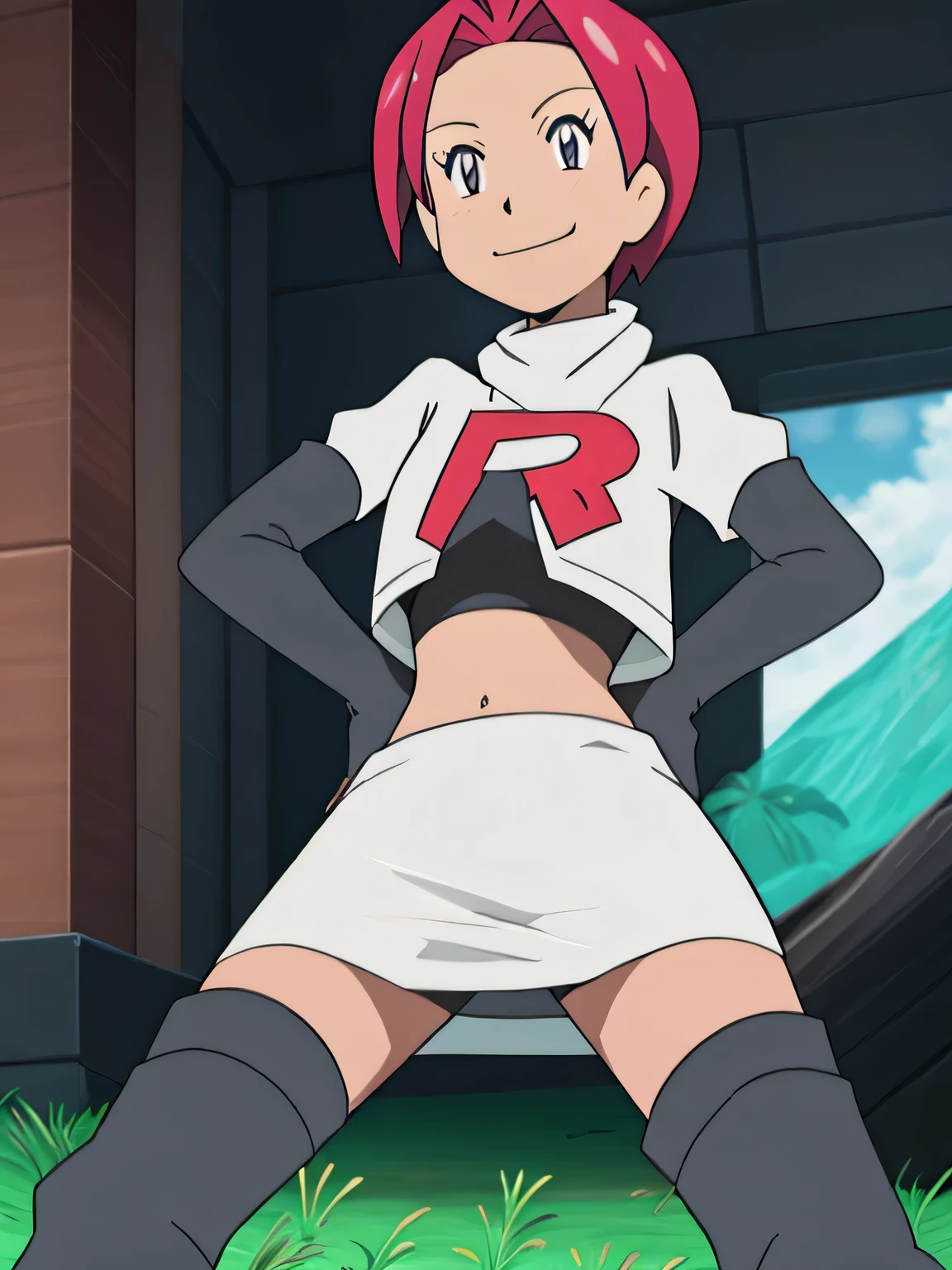 view of the valley, with grass, team rocket uniform, red letter r, white skirt,white crop top,black thigh-high boots, black elbow gloves, evil smile, looking down at viewer, hands on hips, spread legs, from below, black panties,anime style, vivid colors, sharp focus, intense lighting,emily